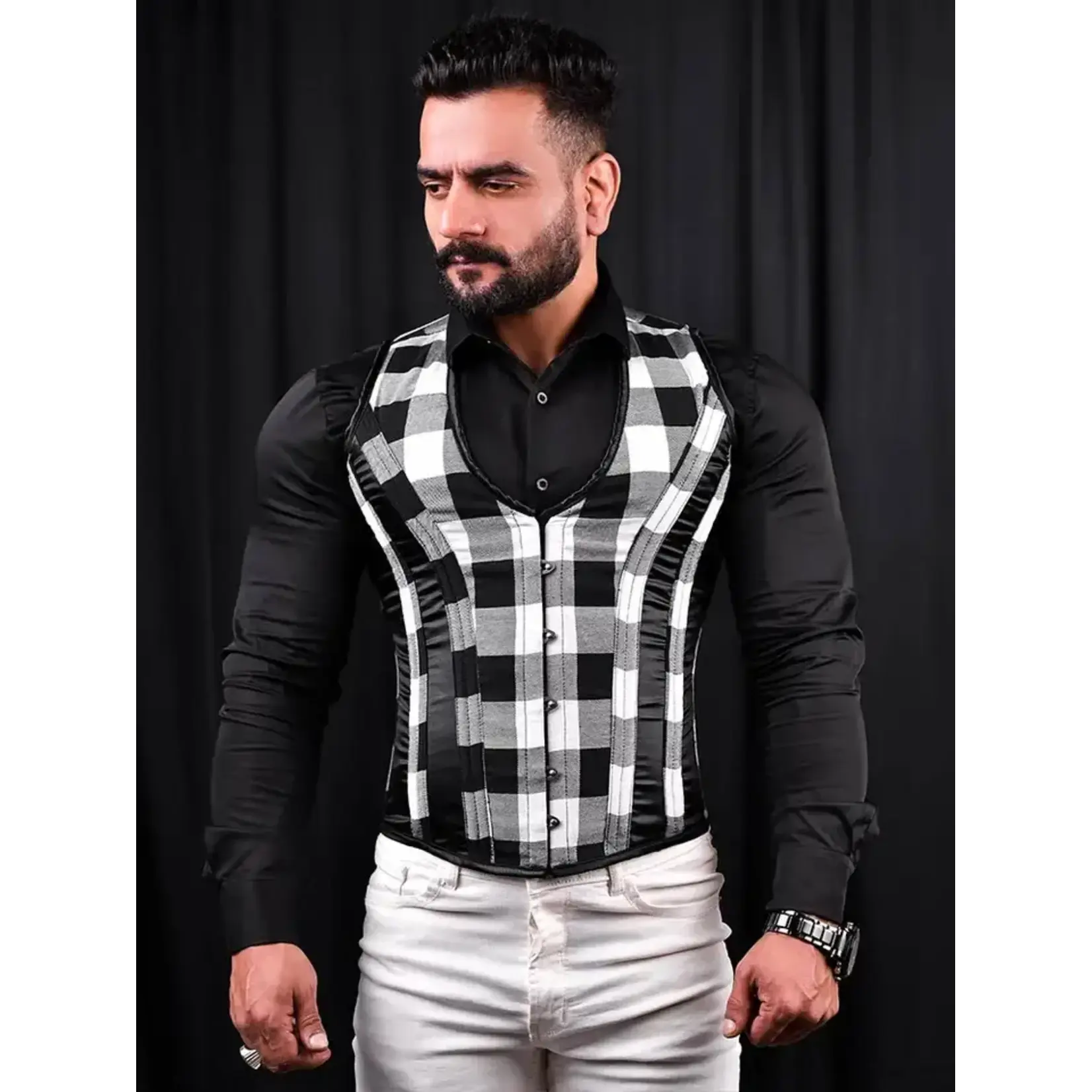 Miss Leather Tartan Men Corset Vest