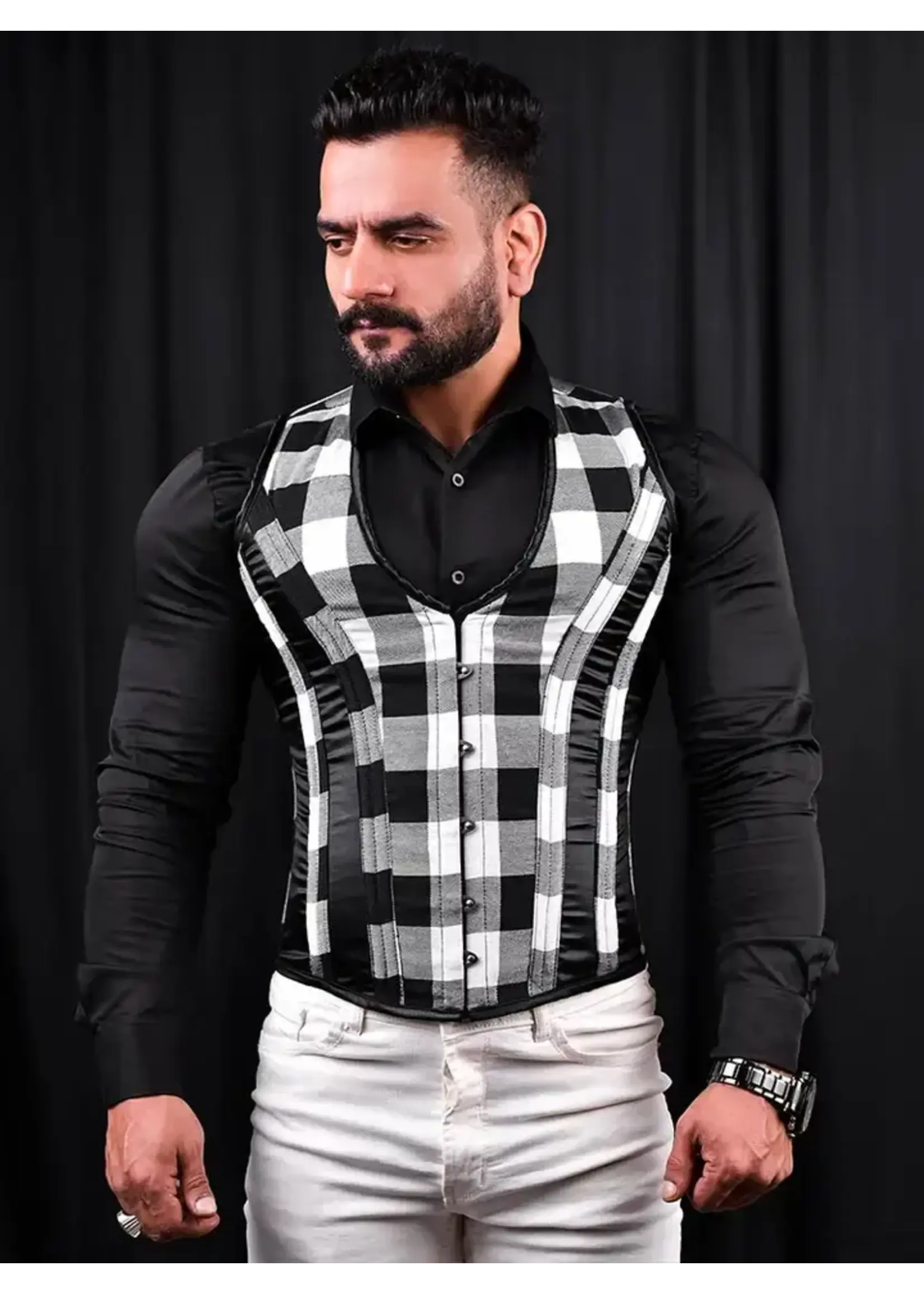Miss Leather Tartan Men Corset Vest
