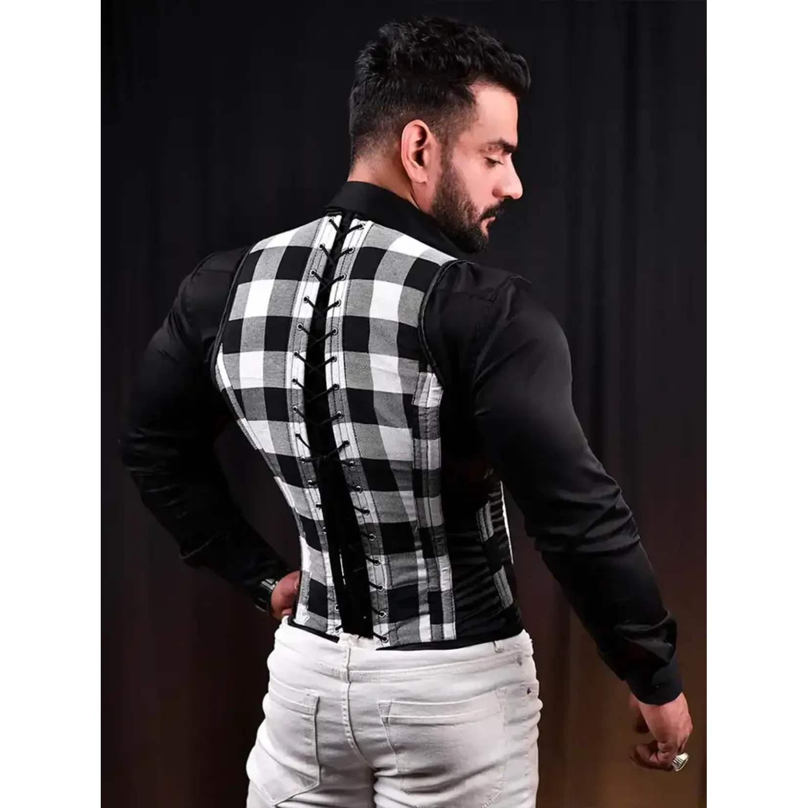 Miss Leather Tartan Men Corset Vest