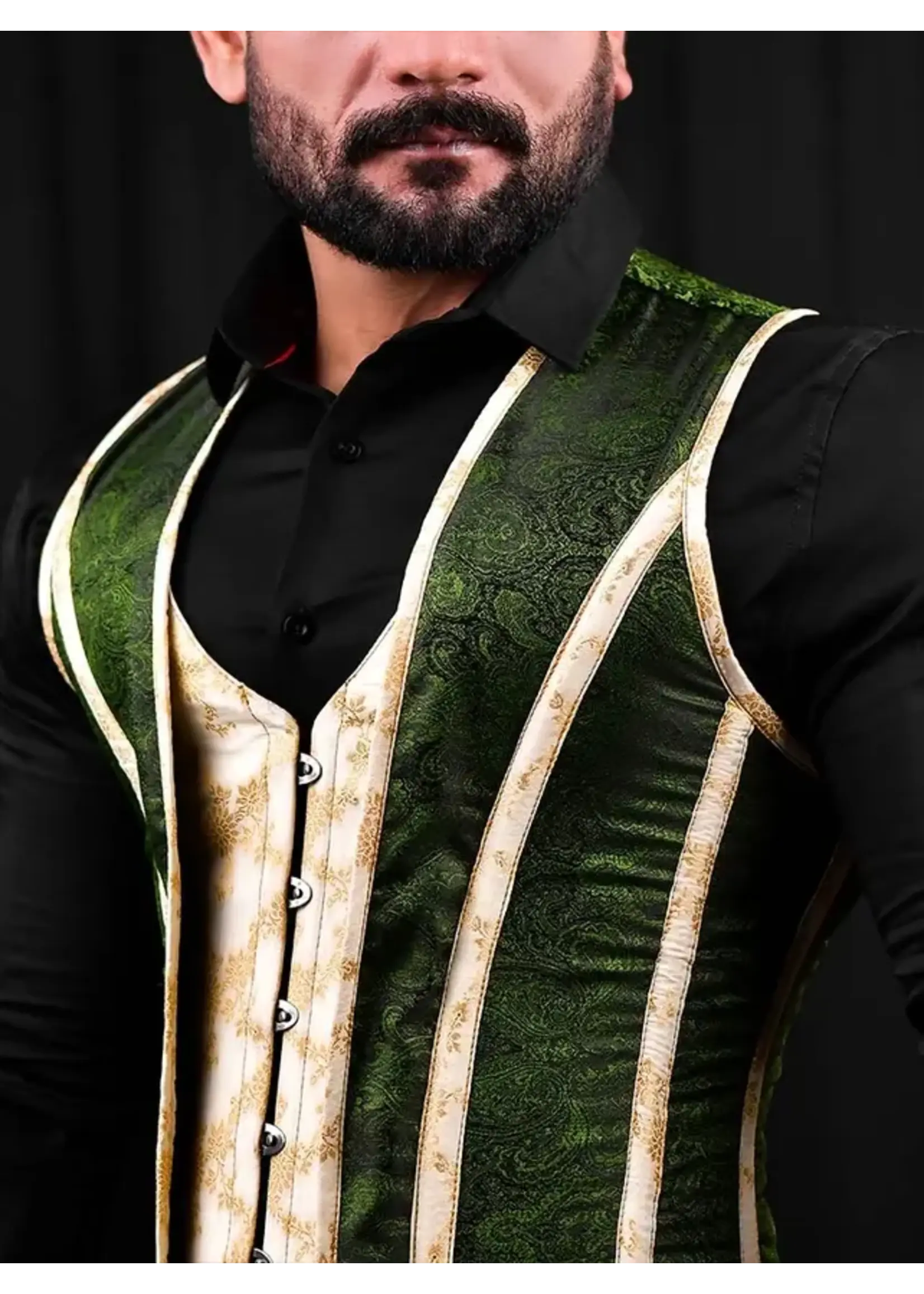 Miss Leather Green Brocade Men's Corset Vest Waistcoat