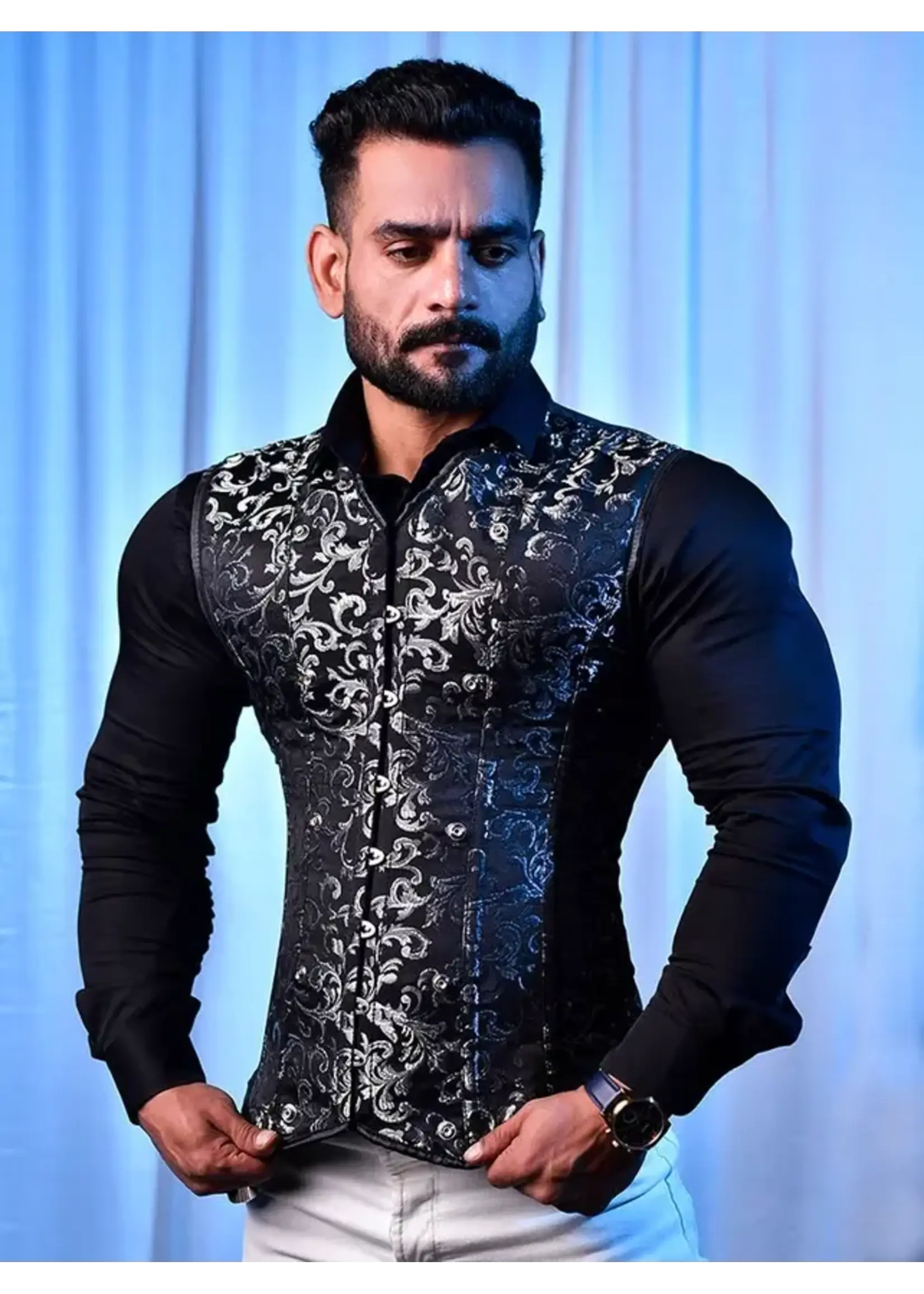 Miss Leather Black & Silver Corset Vest Brocade
