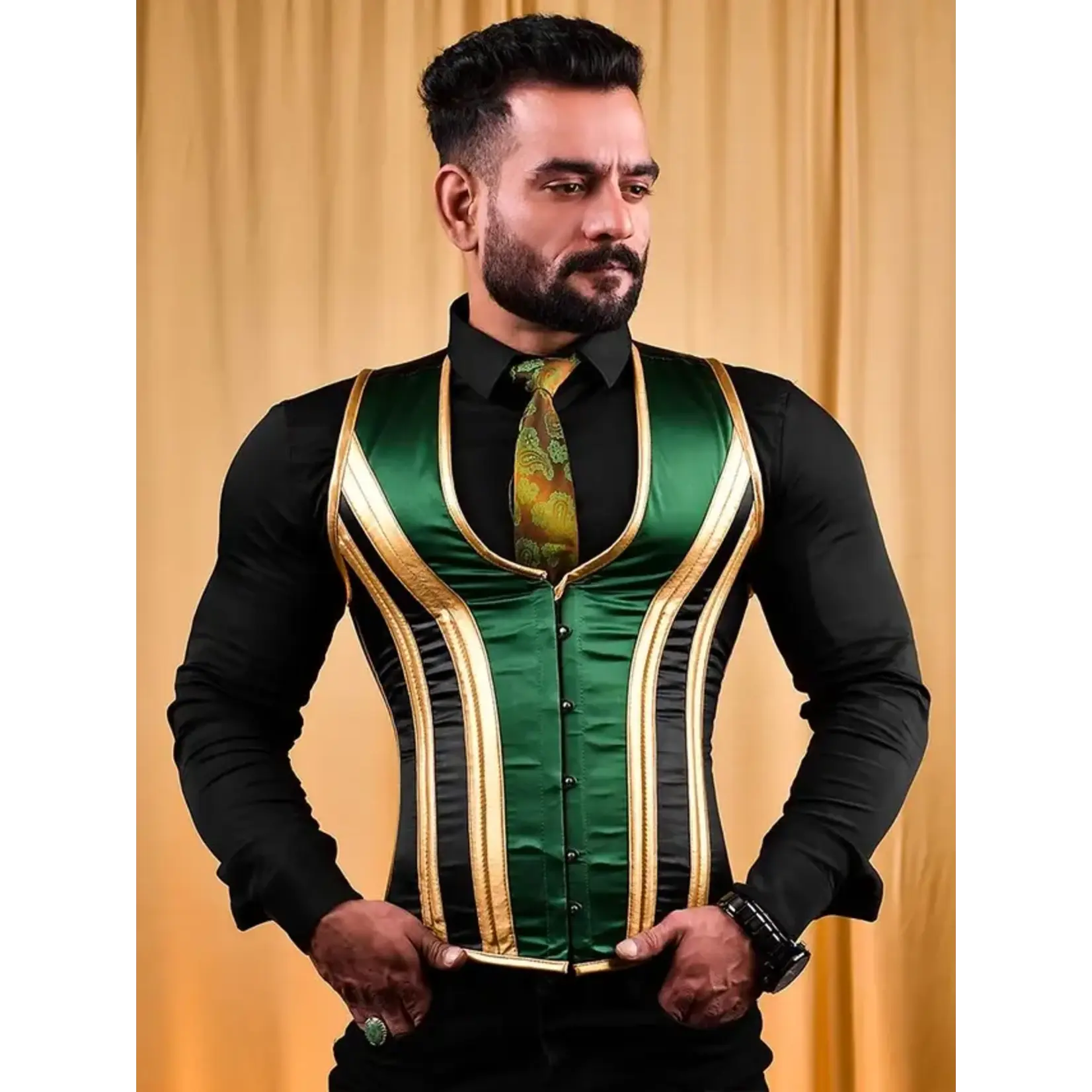 Miss Leather Green Gold Satin Male Corset