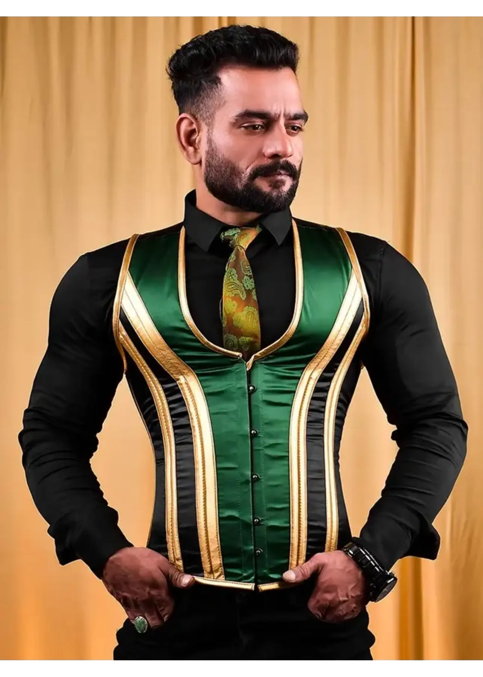 Miss Leather Green Gold Satin Male Corset