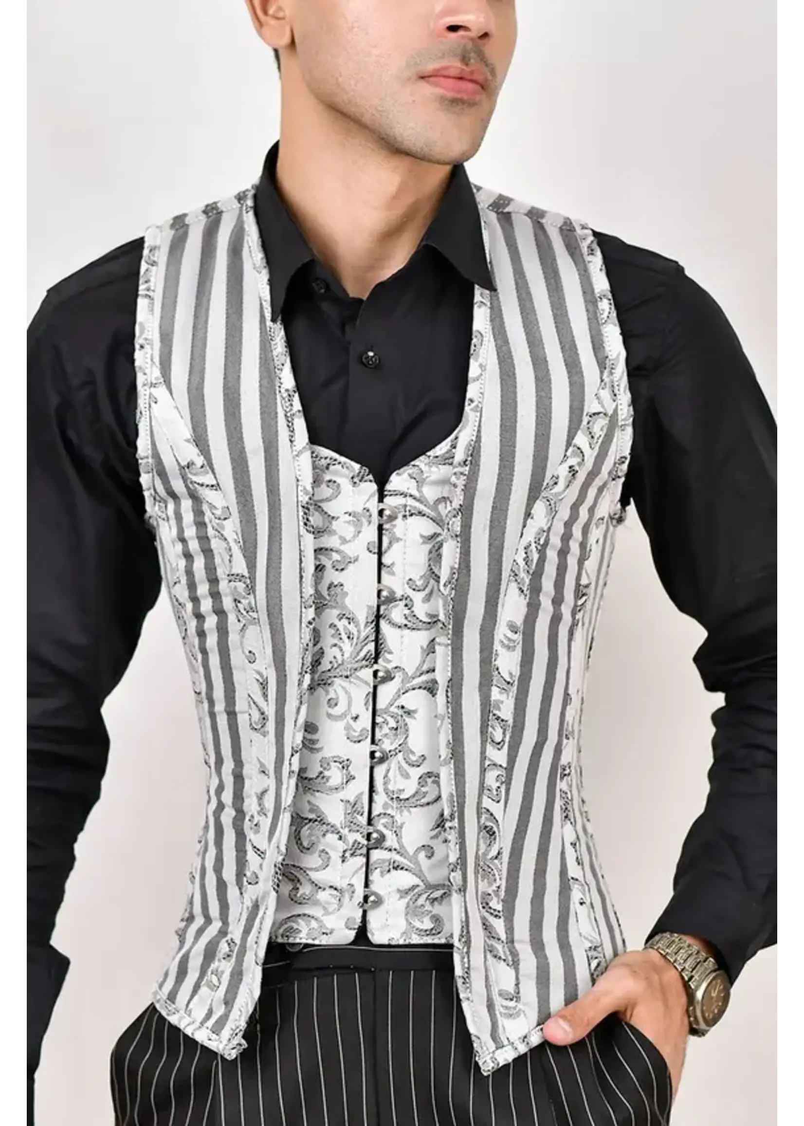 Miss Leather Satin Corset Vest Mens Silver