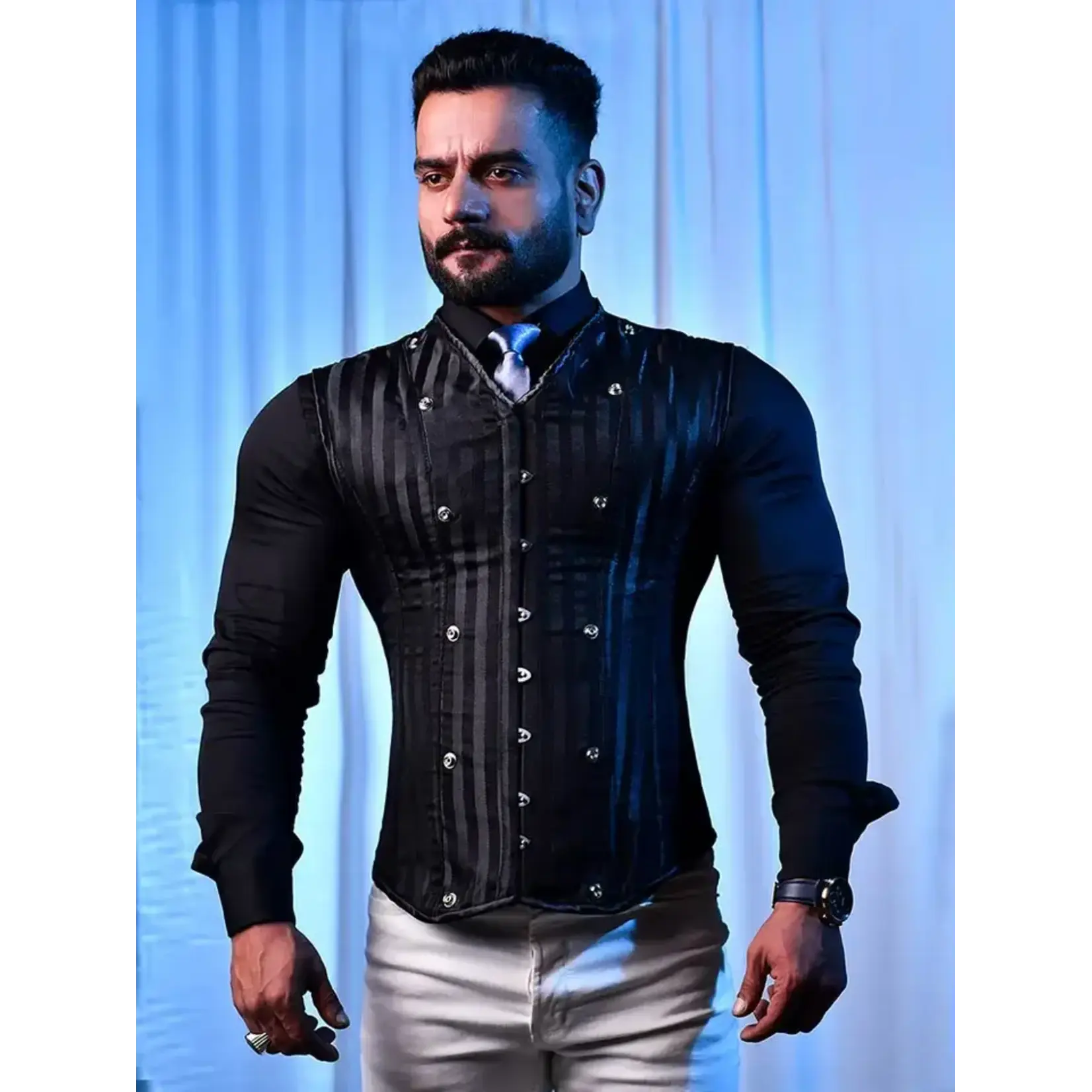 Miss Leather Corset Vest Male - Brocade Black Satin