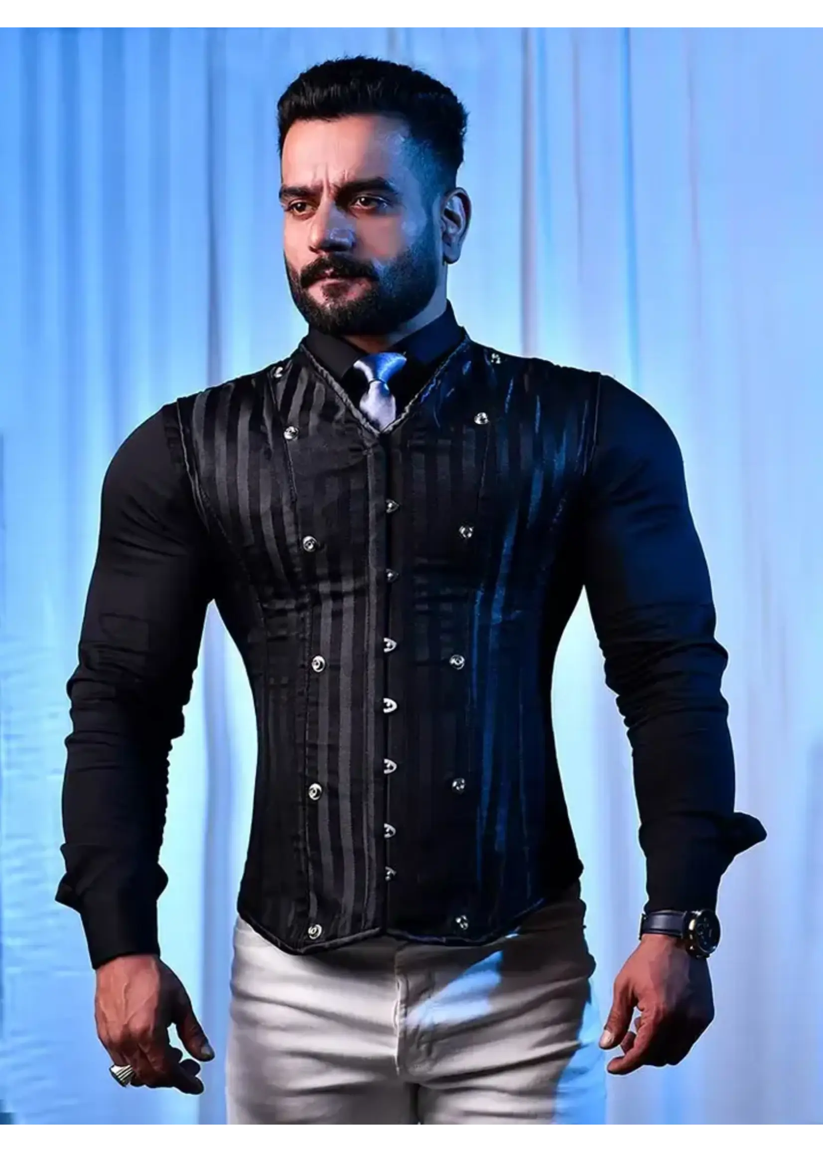 Miss Leather Corset Vest Male - Brocade Black Satin