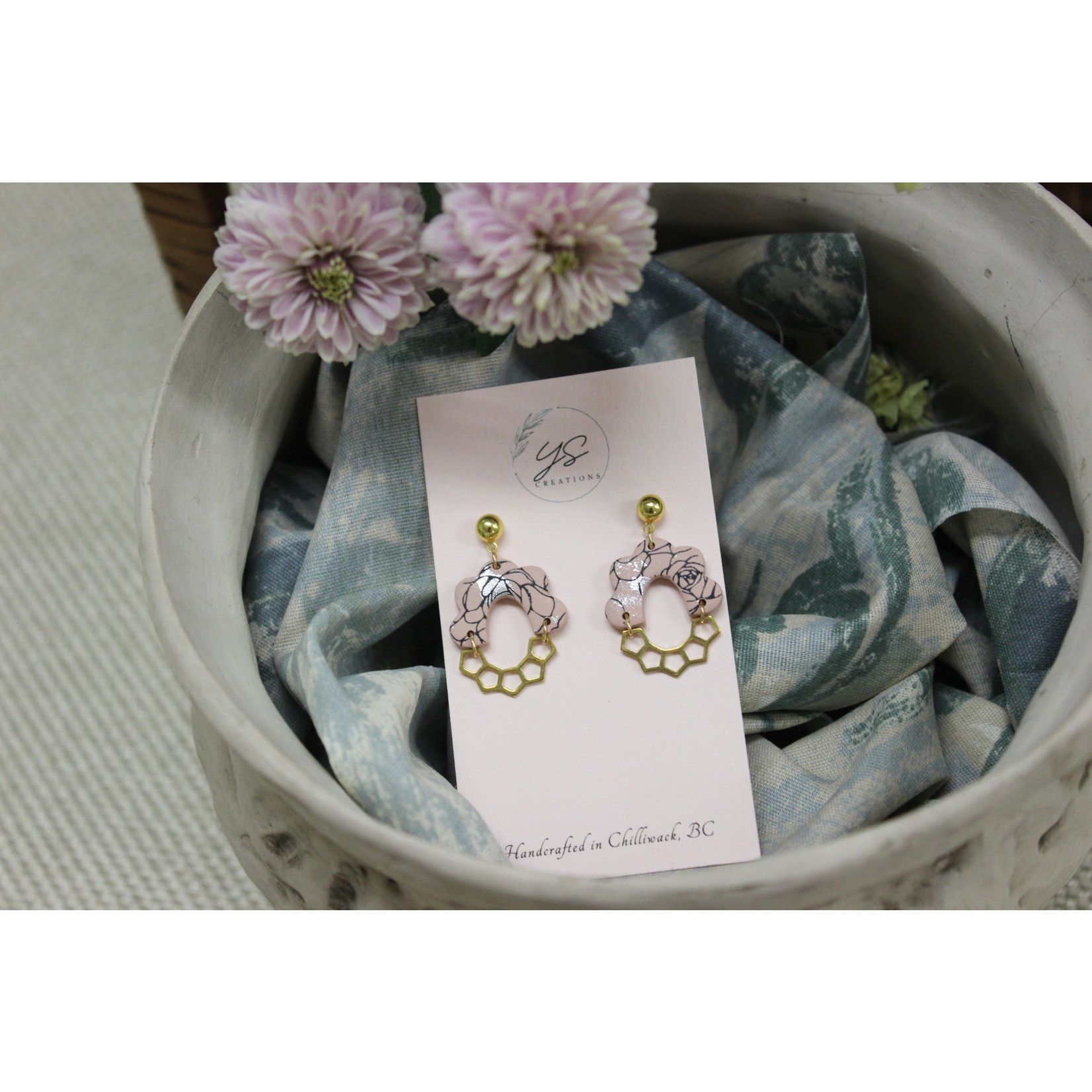 YS Creations Honeycomb Dangles with Rose Print with Gold Plated Brass