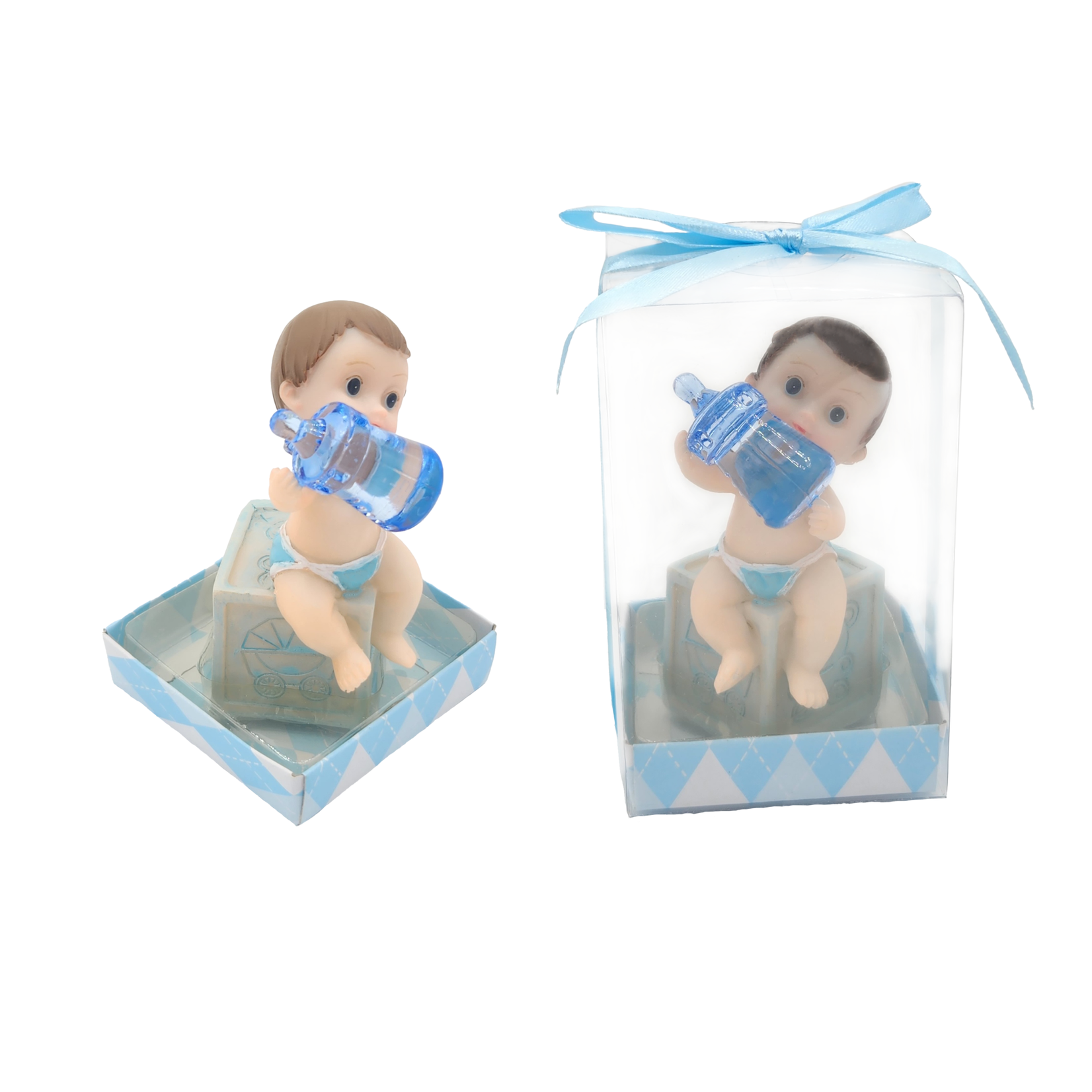 Baby Sitting on Box with Bottle Poly Resin BL