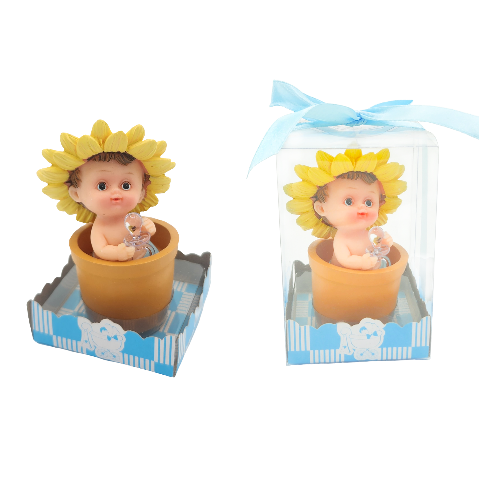 Baby Boy Sitting in Flower Pot with Pacifier Poly Resin in Gift Box