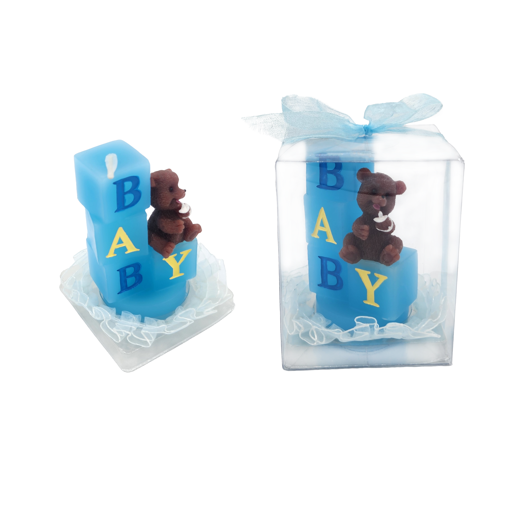 Blue Baby Block with Teddy Bear Candle in Gift Box