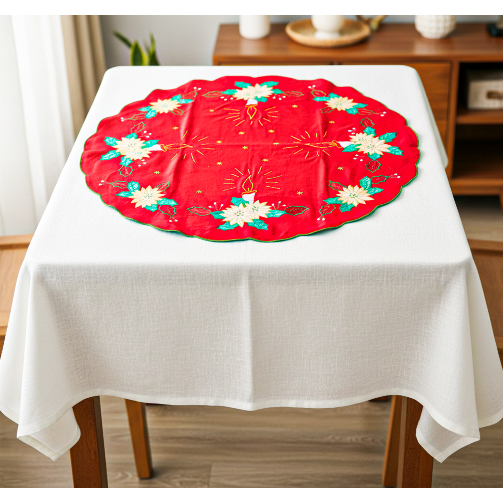 36" Round Christmas Overlay/Tablecloth Red with Green & Gold embroidery