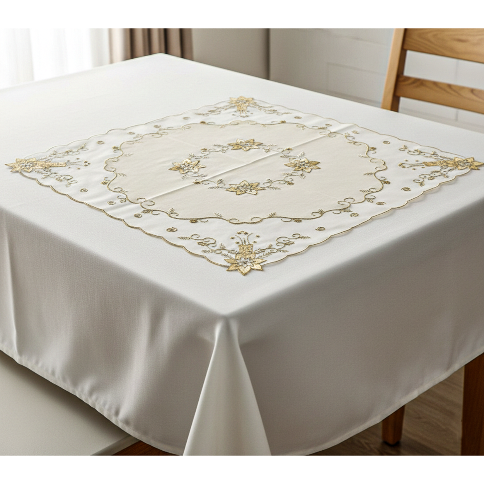 36" Square Christmas Overlay/Tablecloth Gold with Gold embroidery