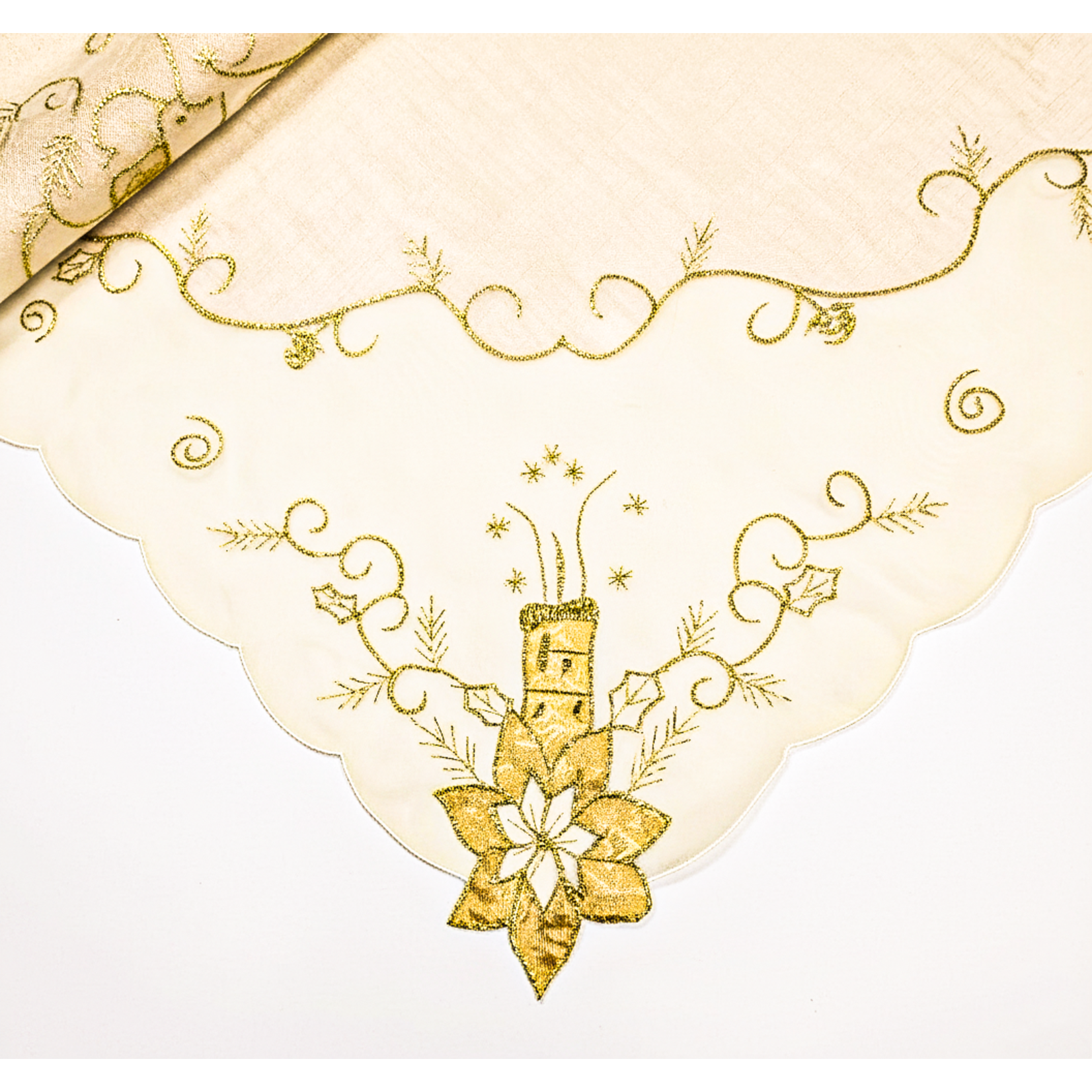 36" Square Christmas Overlay/Tablecloth Gold with Gold embroidery