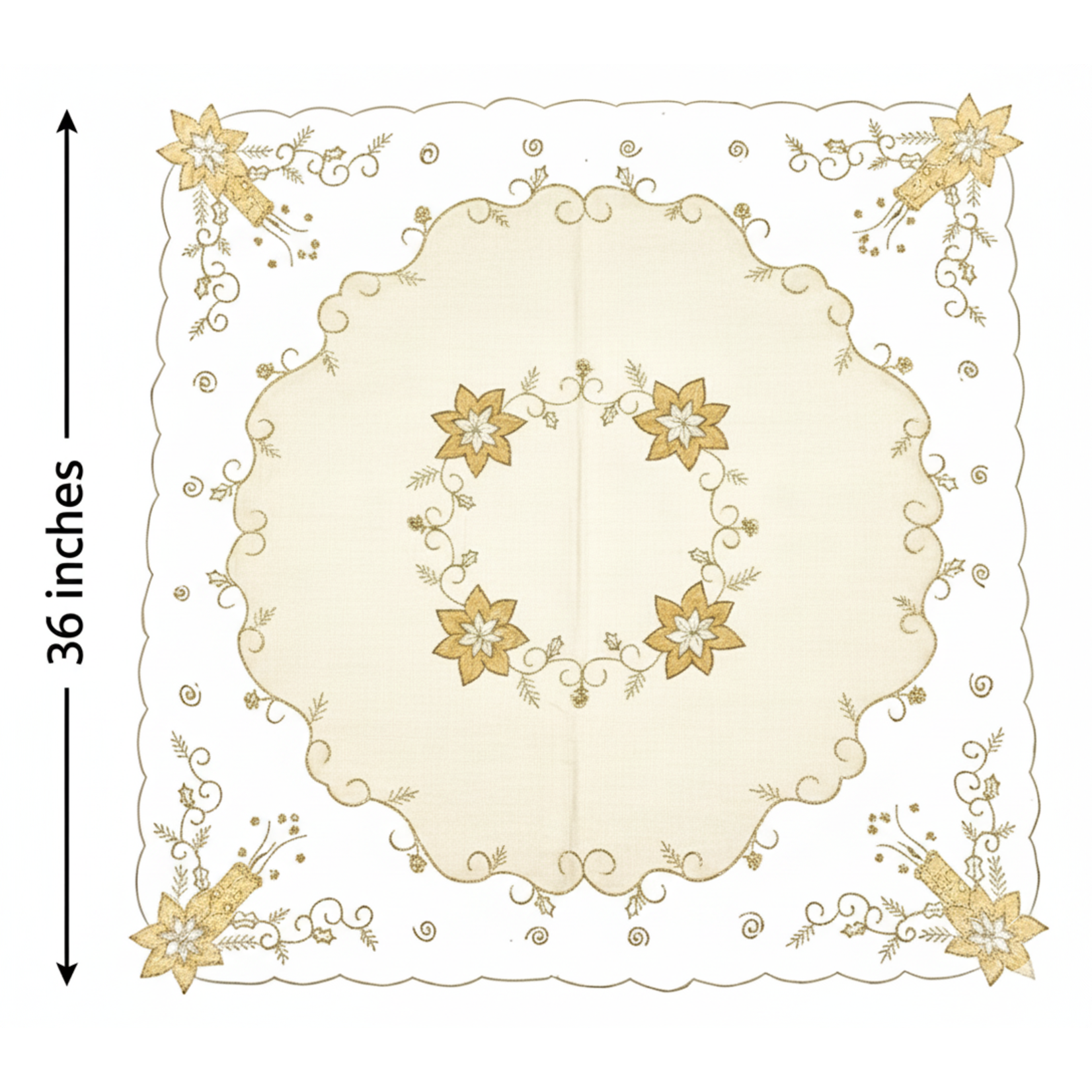 36" Square Christmas Overlay/Tablecloth Gold with Gold embroidery