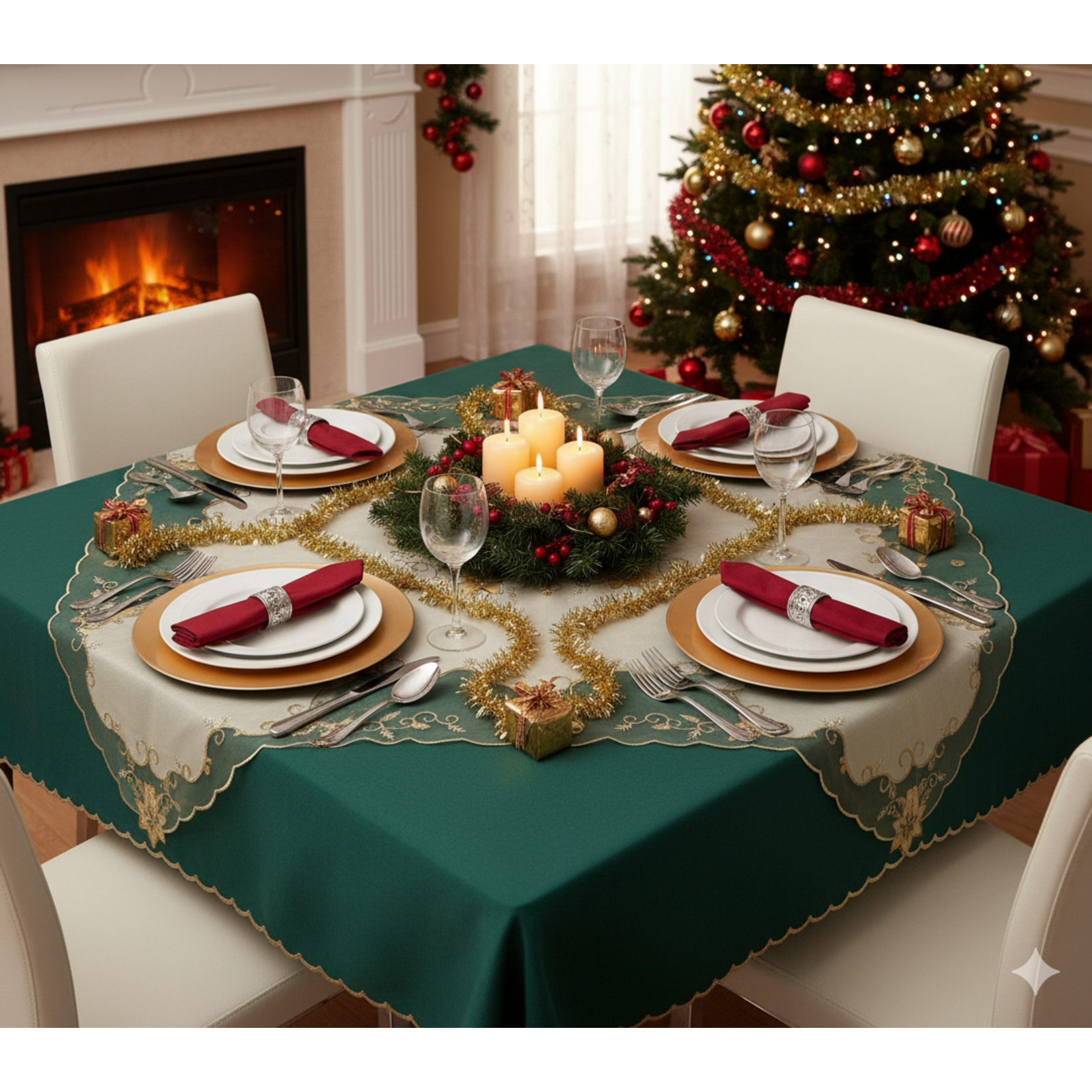 36" Square Christmas Overlay/Tablecloth Gold with Gold embroidery