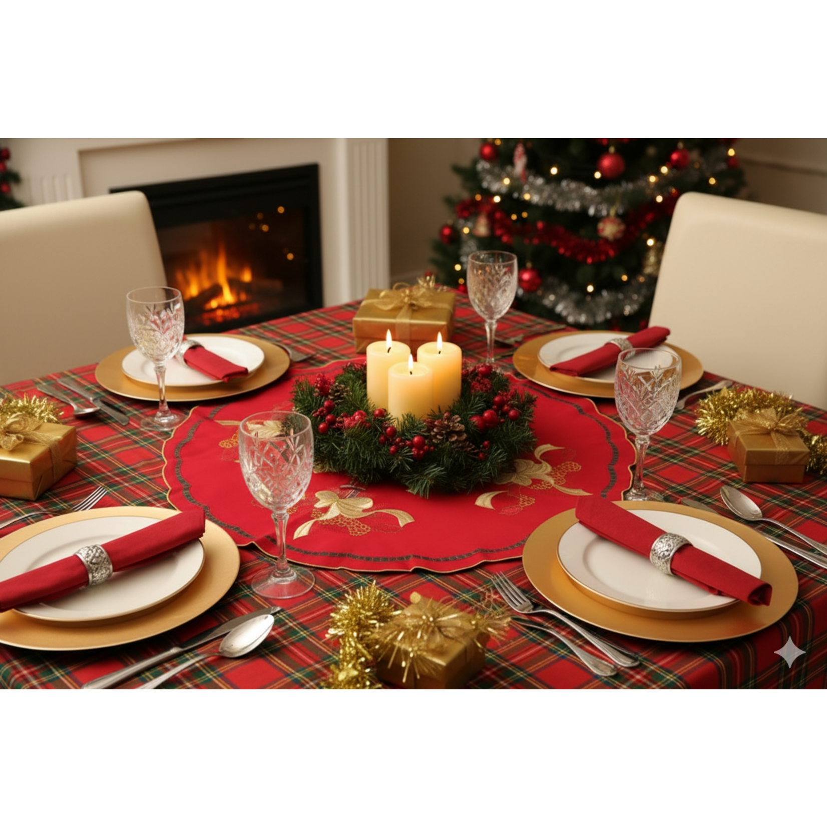 36" Square Christmas Overlay/Tablecloth Red with Gold embroidery