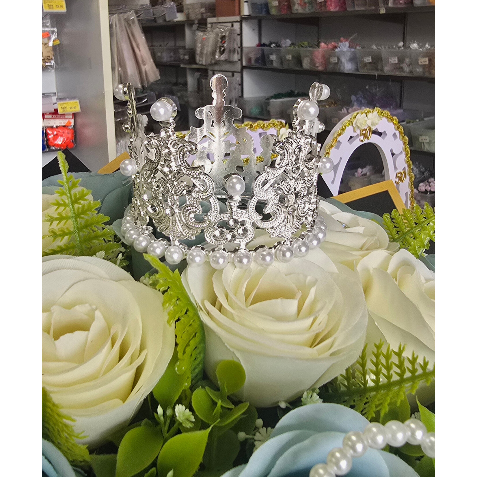 3" Pearl &  Rhinestone Vintage Crown 1pc - Silver