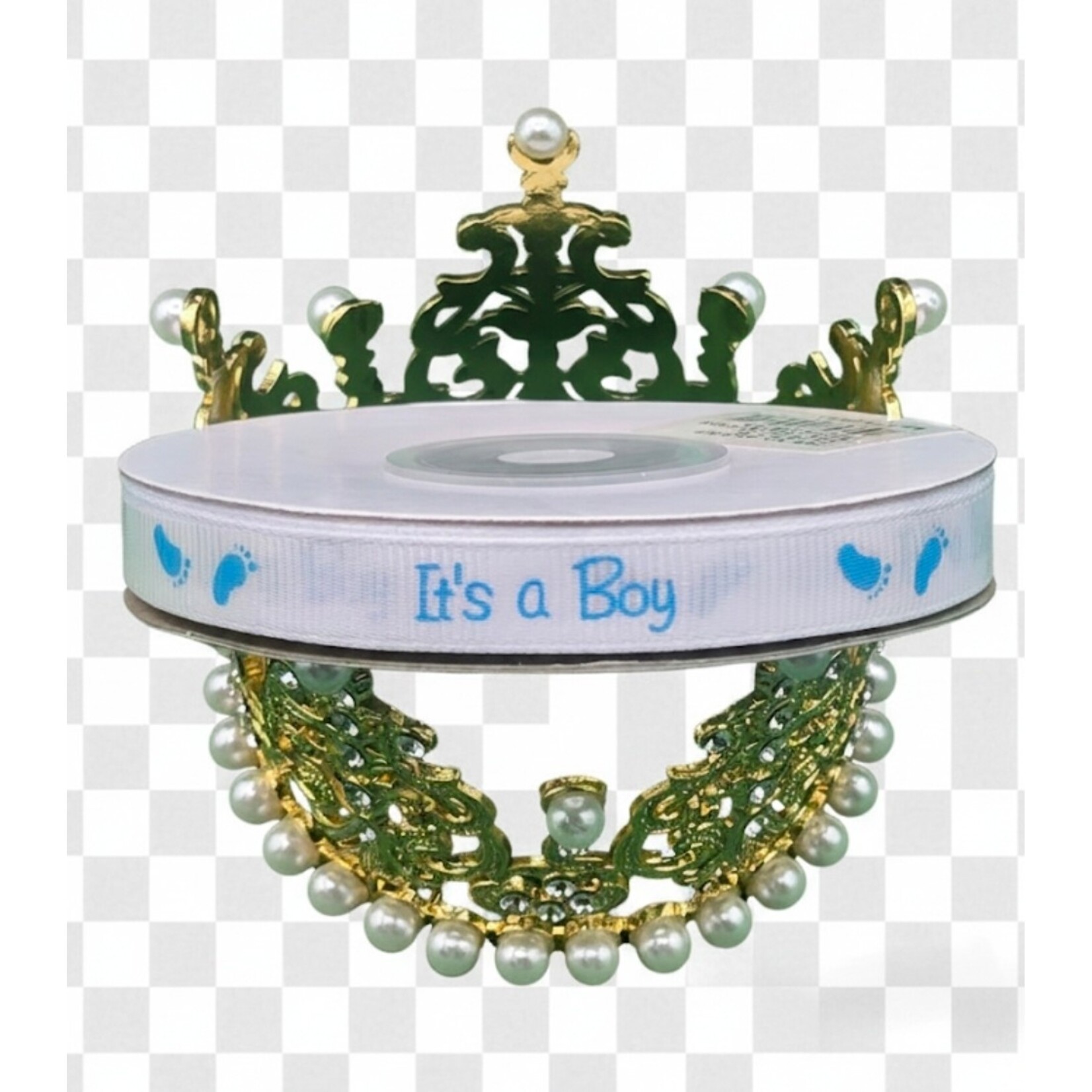 3/8" x  25 Yards "It's a Boy" Baby Shower Grosgrain Ribbon Roll - White/Turqouise