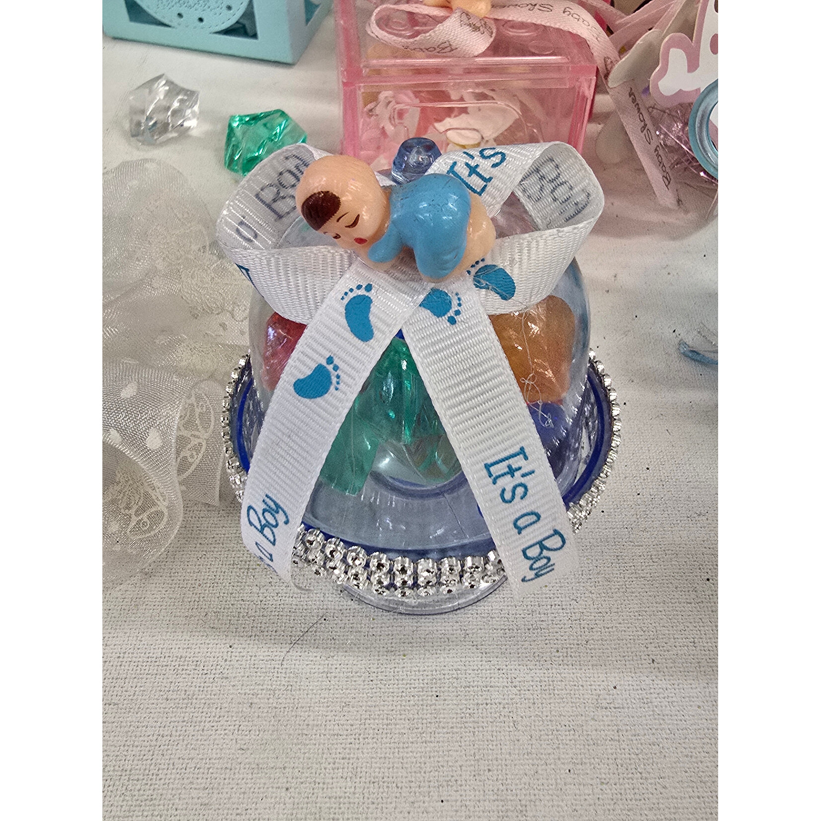 3/8" x  25 Yards "It's a Boy" Baby Shower Grosgrain Ribbon Roll - White/Turqouise