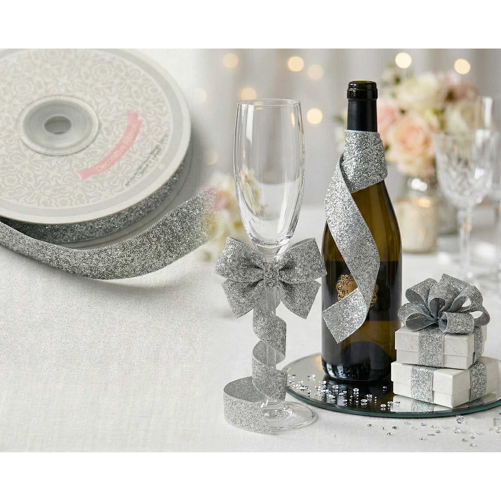 CREATIVE IDEAS 7/8" x 25 Yards Metallic Taffeta Ribbon Roll - Silver