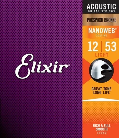 Elixir 16052 Nanoweb Phosphor Bronze Acoustic Guitar Strings Light 12-53
