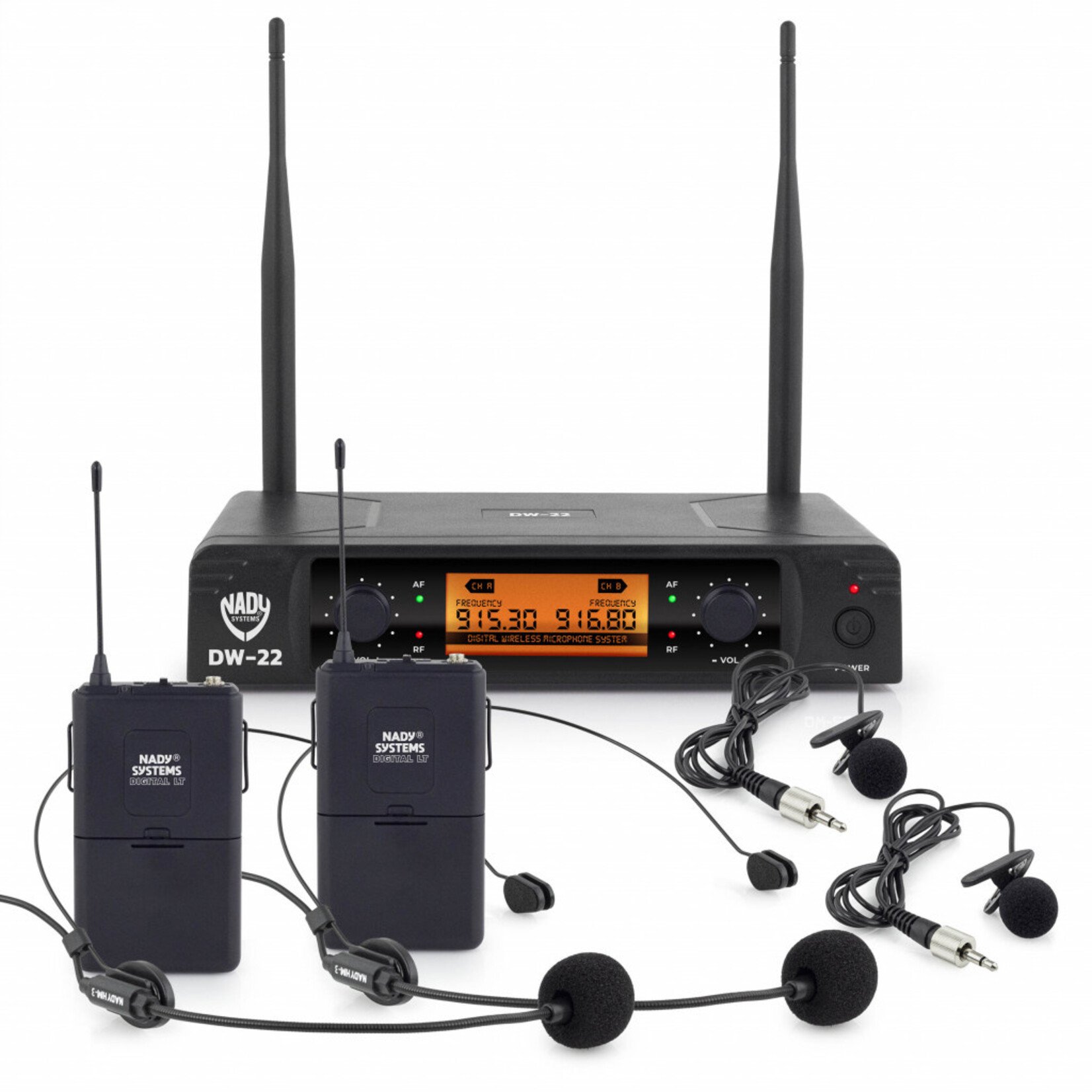 Nady DW-22 LTHM Digital Wireless Microphone System W/ 2 Headset Mics & 2 Lav Mics 902-903 MHz