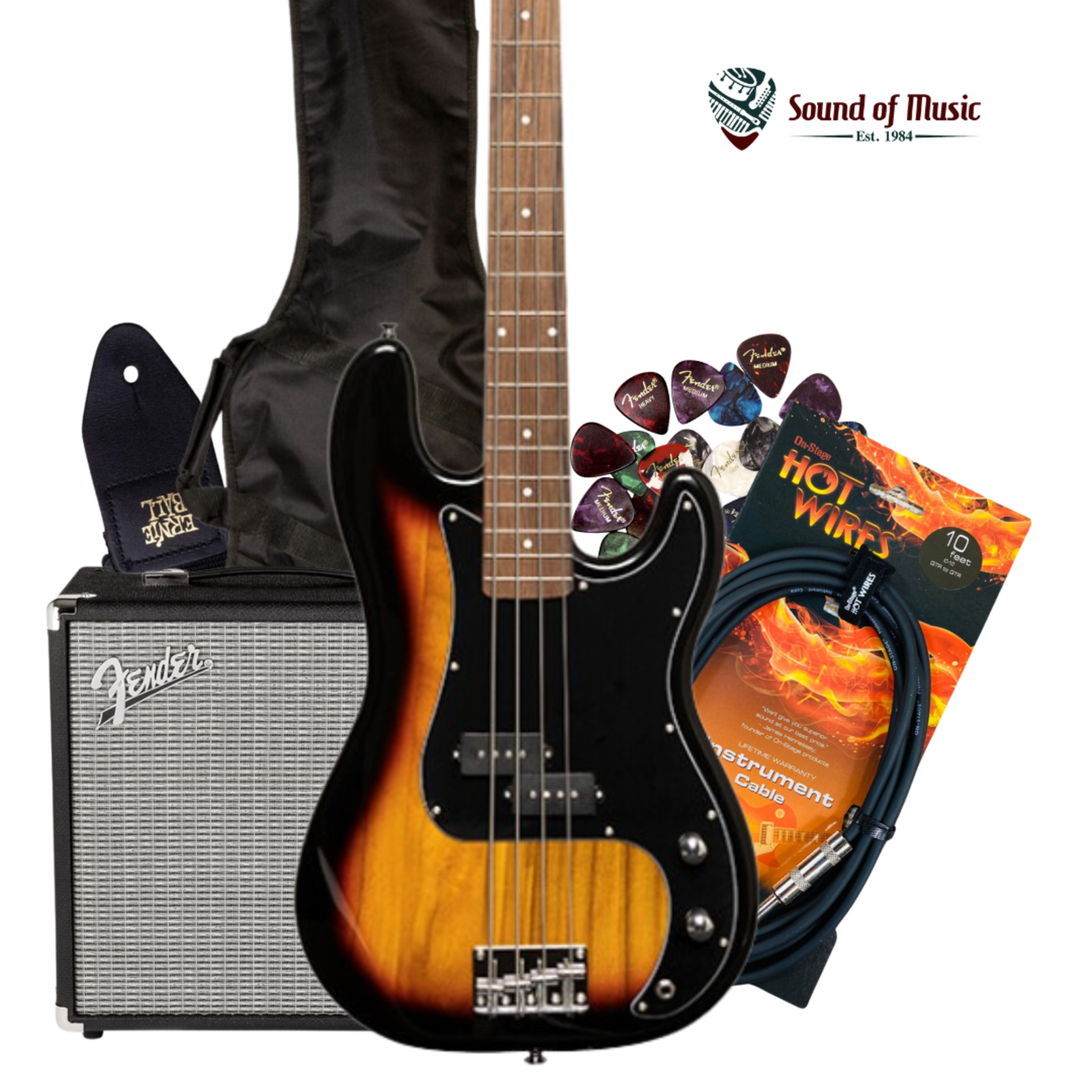 Stagg SBP-30 Standard "P" Electric Bass Guitar Package W/Amp, Cable, Gig Bag, Strap & Picks - Sunburst