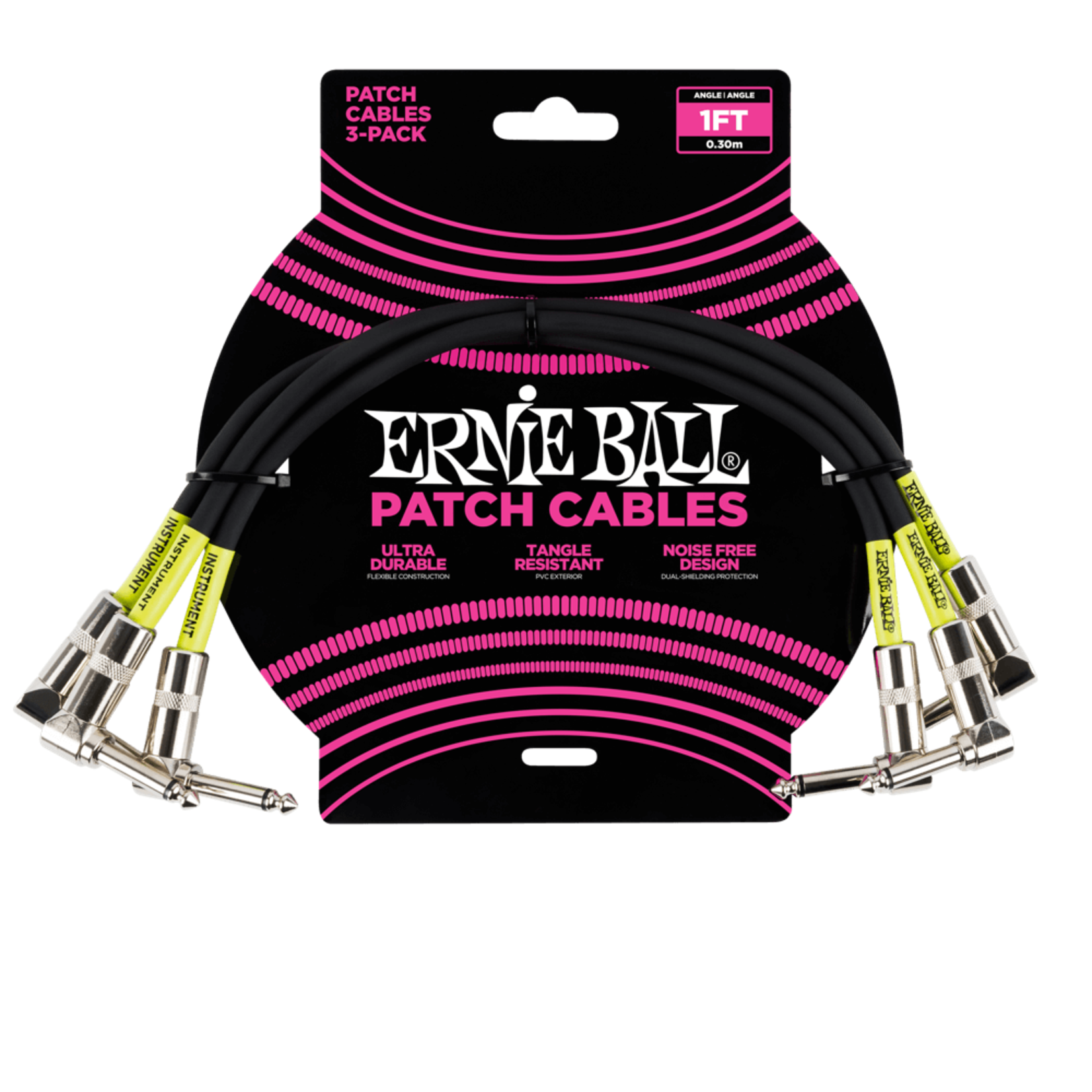 Ernie Ball Classic Patch Cable Angle/Angle 1ft - Black - 3 Pack