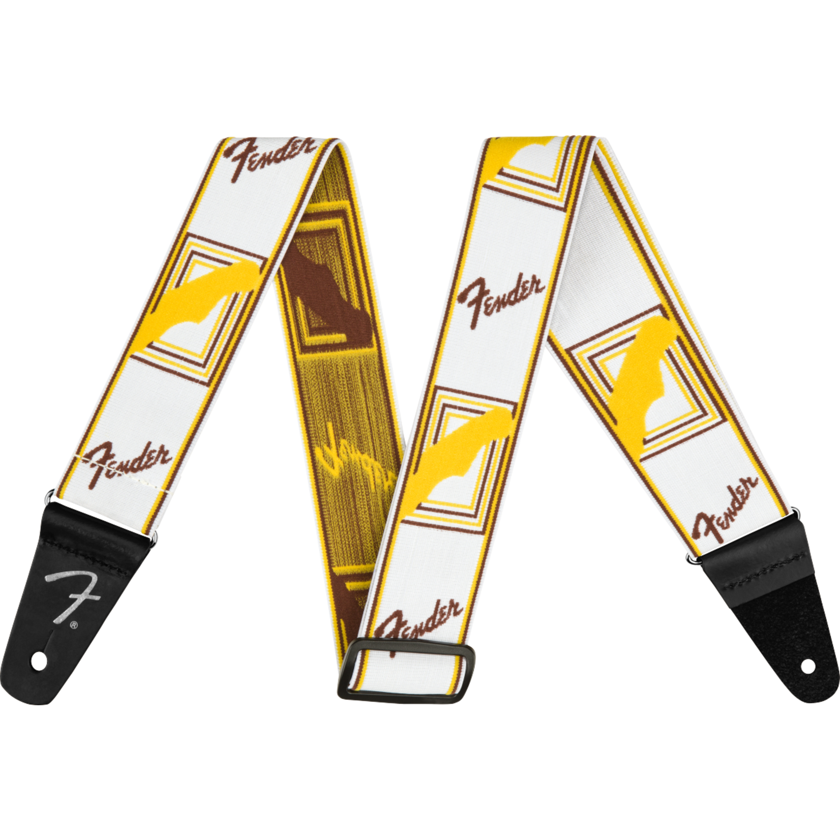 Fender WeighLess™ Monogram Strap, White/Brown/Yellow, 2"