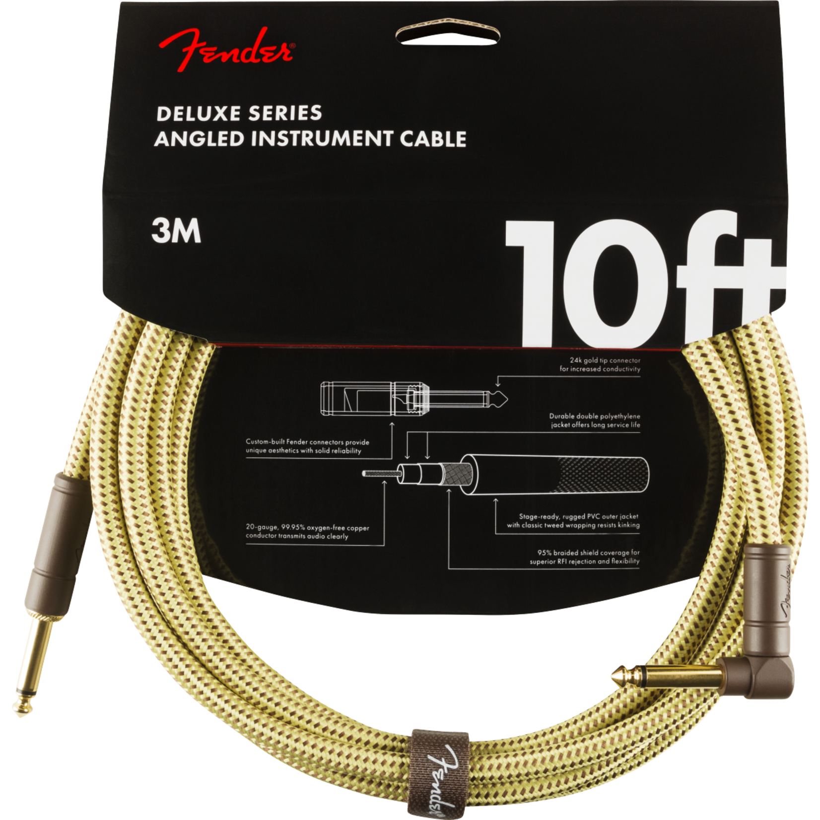 Fender Deluxe Series Instrument Cable, Straight/Angle, 10', Tweed