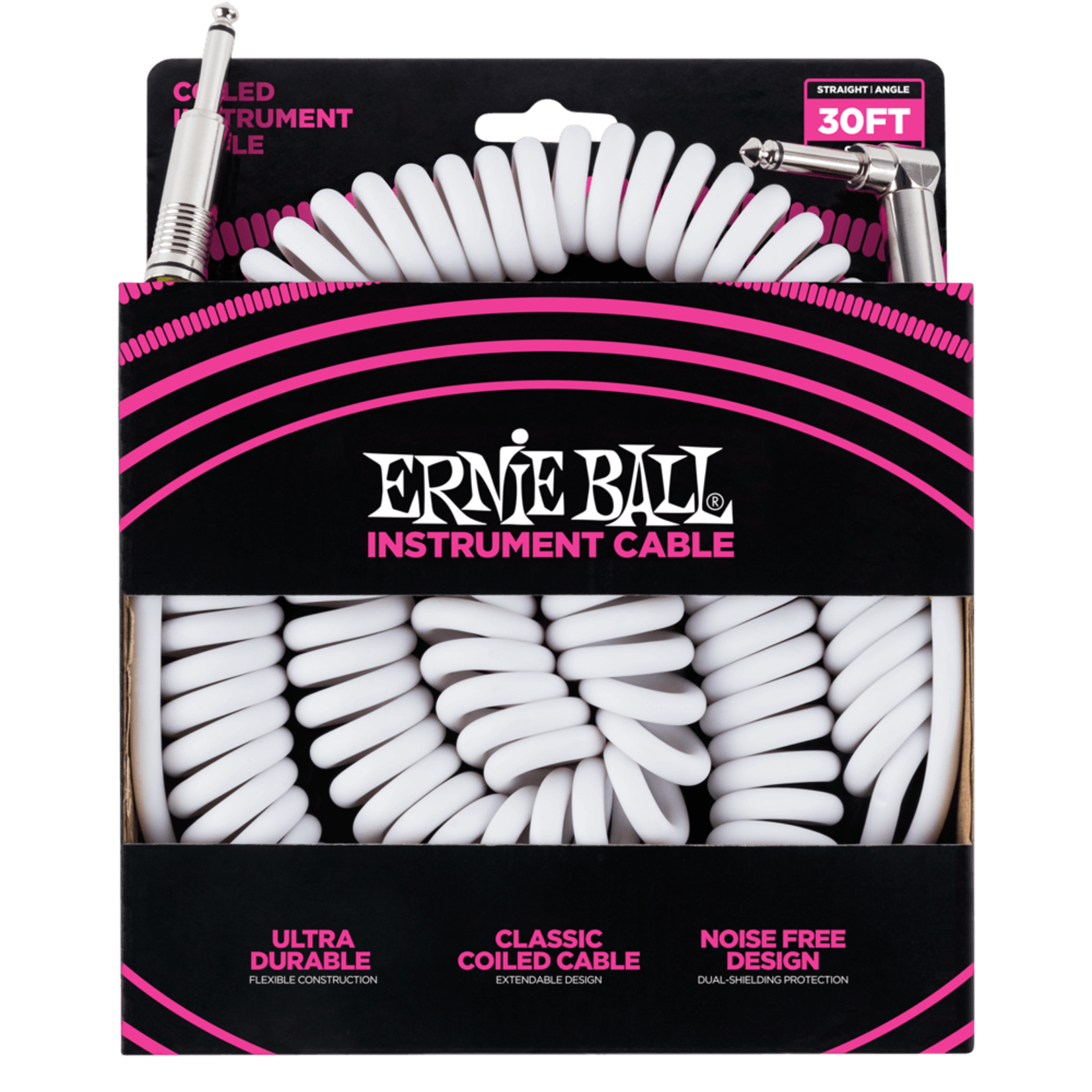 Ernie Ball Coiled Instrument Cable Straight/Angle 30ft - White