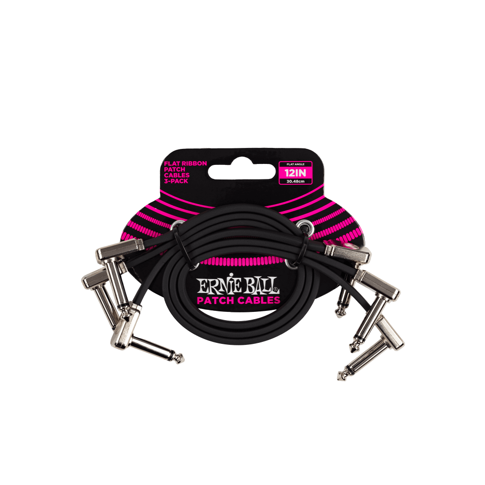 Ernie Ball Flat Ribbon Patch Cable 12in - Black - 3 Pack