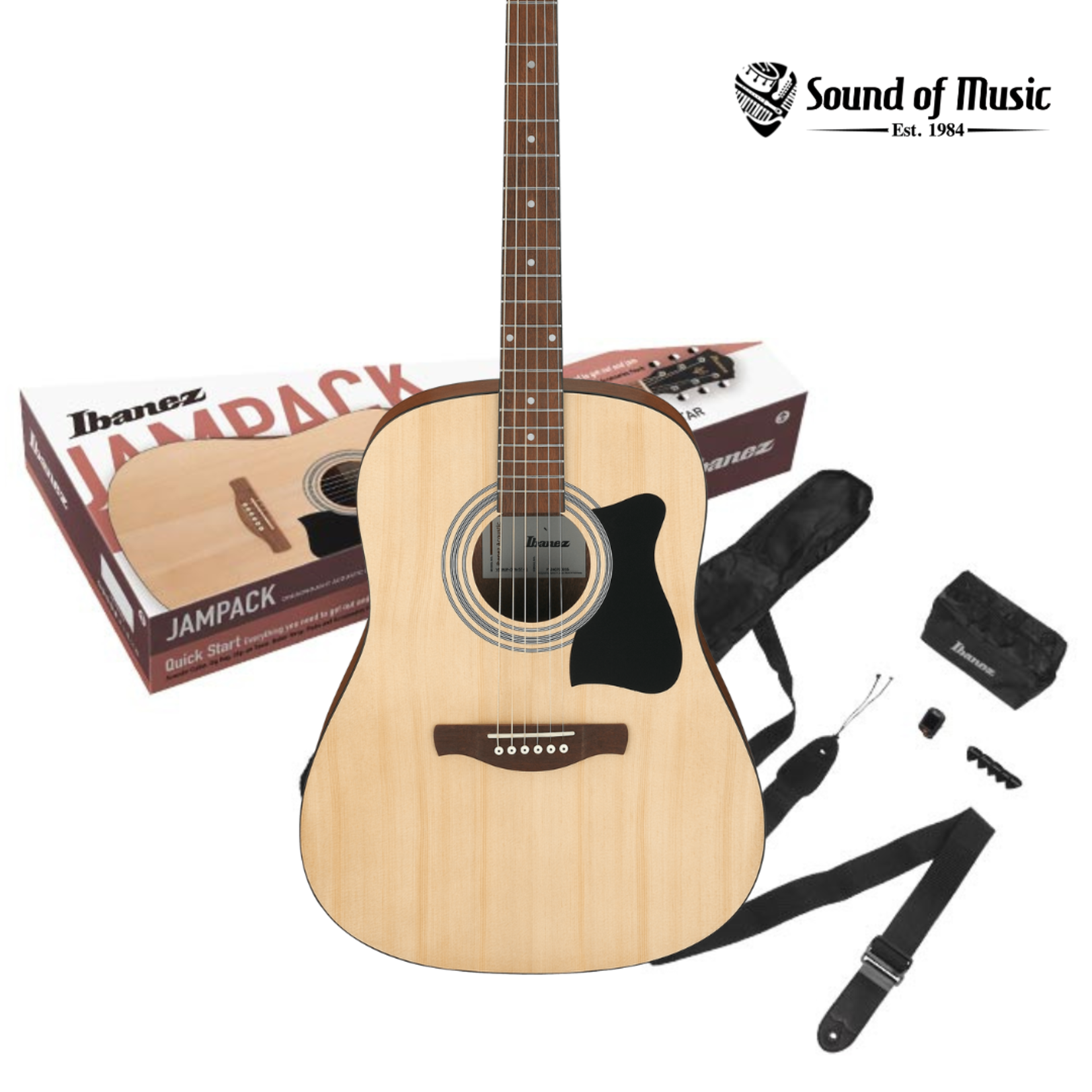 Ibanez IJV JamPack Dreadnaught Acoustic Guitar Pack W/Gig Bag, Tuner, Strap, and Picks - Open Pore Natural