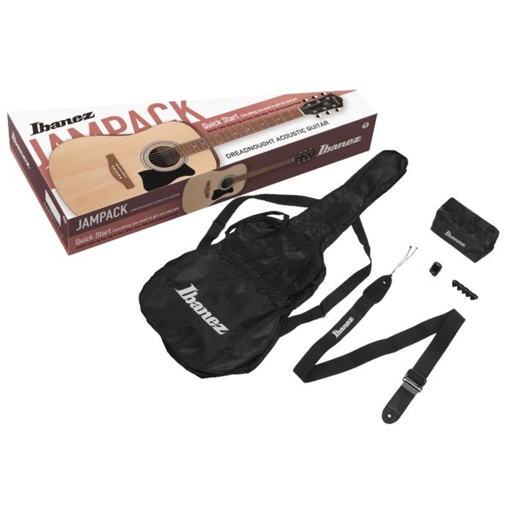 Ibanez IJV JamPack Dreadnaught Acoustic Guitar Pack W/Gig Bag, Tuner, Strap, and Picks - Open Pore Natural