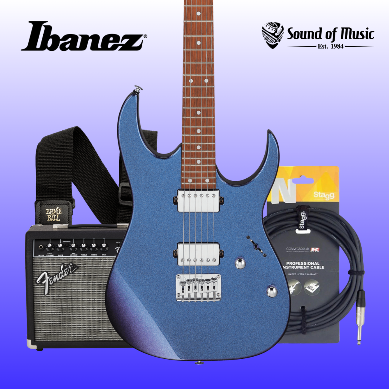 Ibanez GRG121SP Electric Guitar Bundle W/Amp, Cable, & Strap - Blue Metal Chameleon