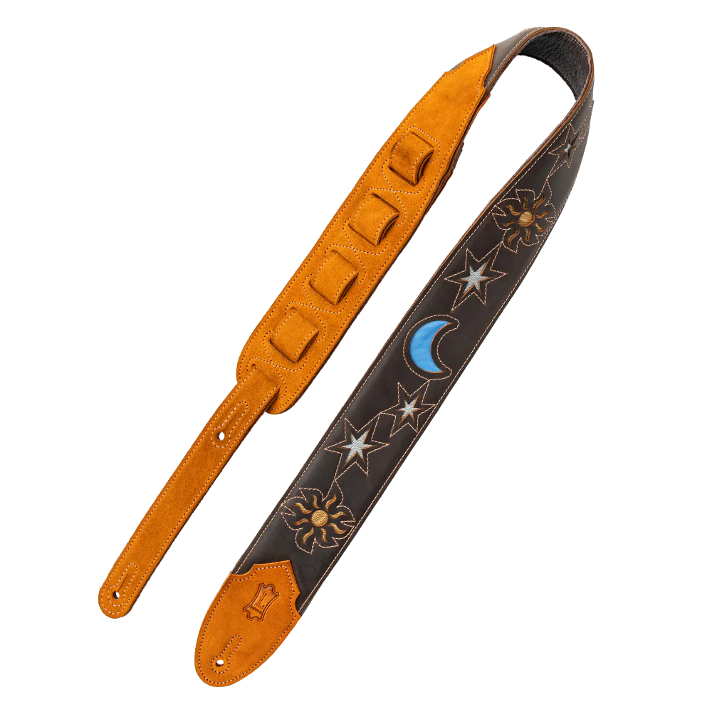 Levy's Sunbird Series 2.5" Leather Guitar Strap - Dark Brown Sun and Moon