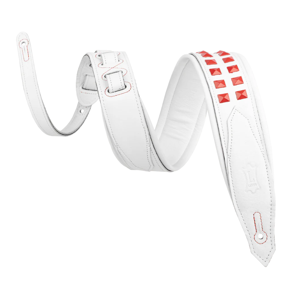 Levy's 2.5" Rebel Leather Series Guitar Strap - White Leather W/ Red Studs