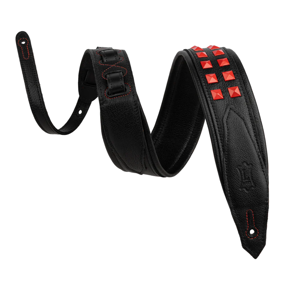 Levy's 2.5" Rebel Leather Series Guitar Strap - Black Leather W/ Red Studs