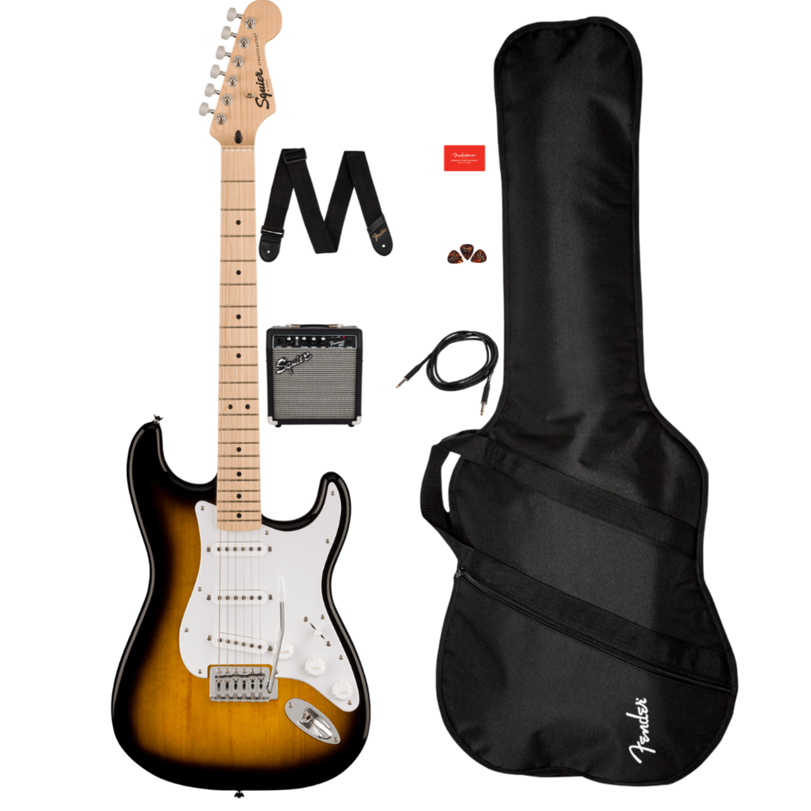 Squier Sonic® Stratocaster Pack, Maple Fingerboard W/ Gig Bag & Amp - 2-Color Sunburst
