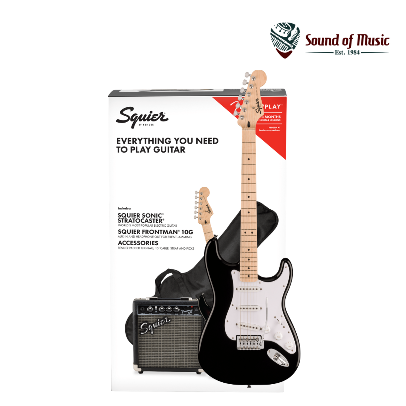 Squier Sonic® Stratocaster Pack, Maple Fingerboard W/ Gig Bag & Amp - Black