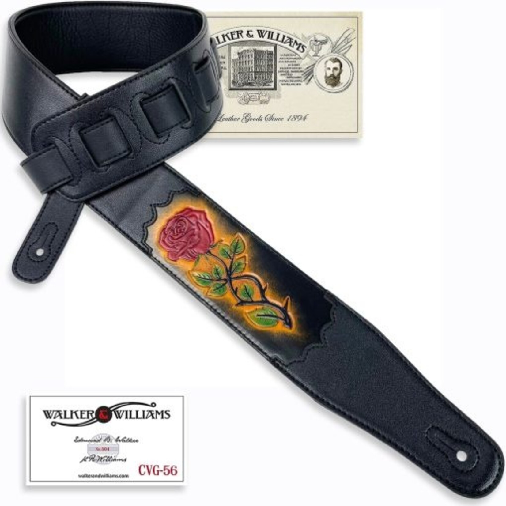 Walker & Williams CVG-56 Black Leather Guitar Strap With Hand Tooled Red Rose Design