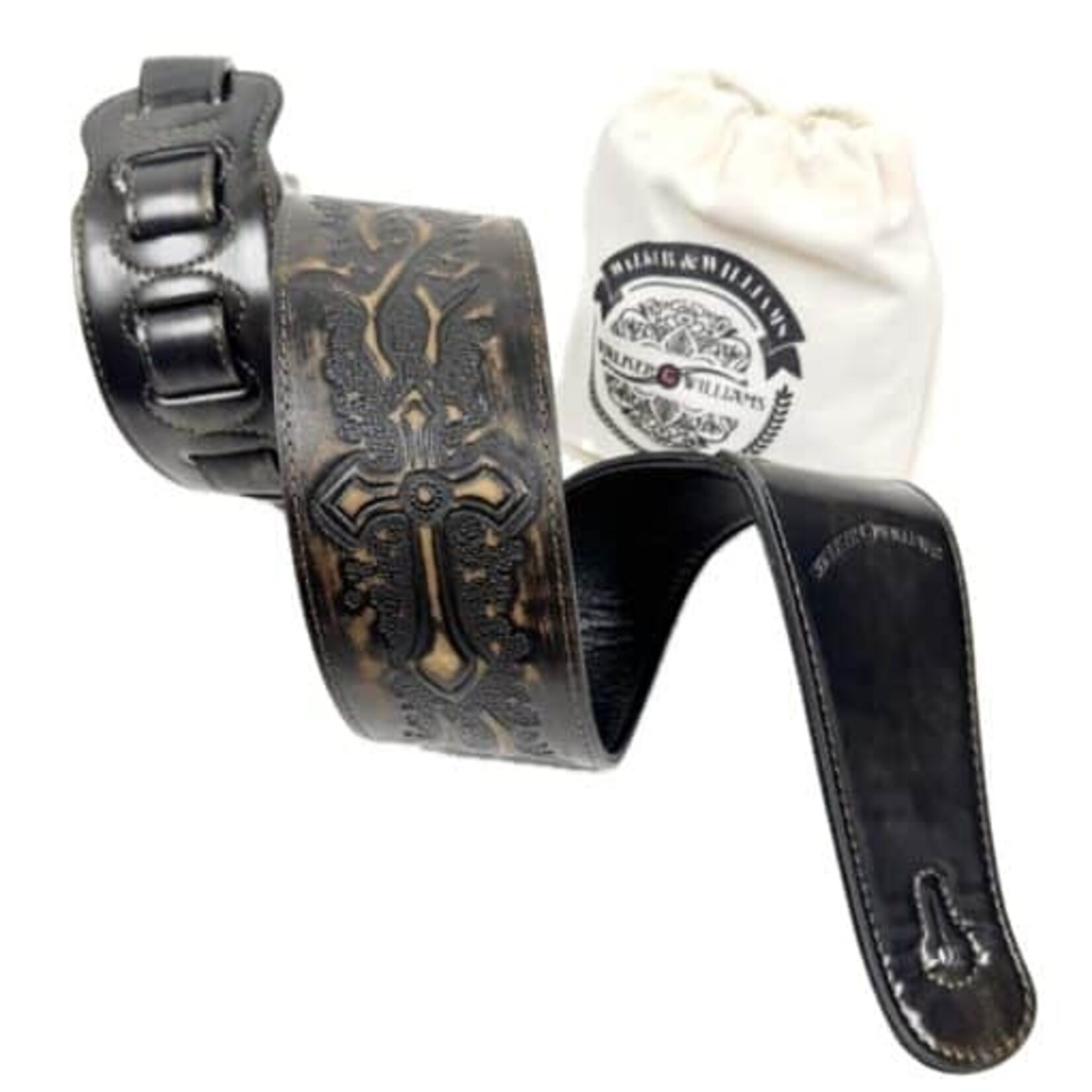 Walker & Williams LIP-06 Dark Rye Tan Carved Leather Spade Cut Strap with Tooled Cross and Thorns