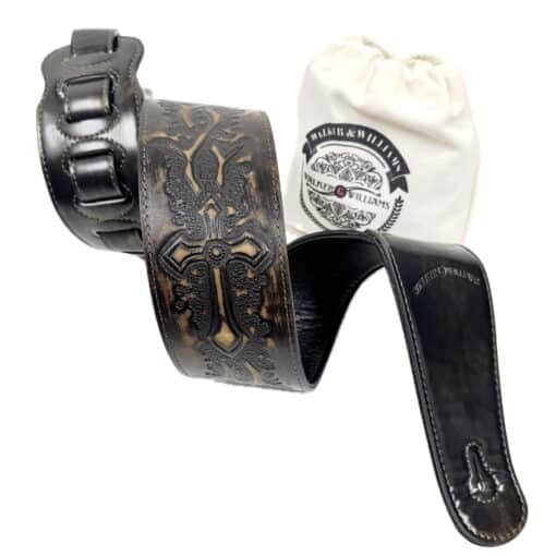 Walker & Williams LIP-06 Dark Rye Tan Carved Leather Spade Cut Strap with Tooled Cross and Thorns