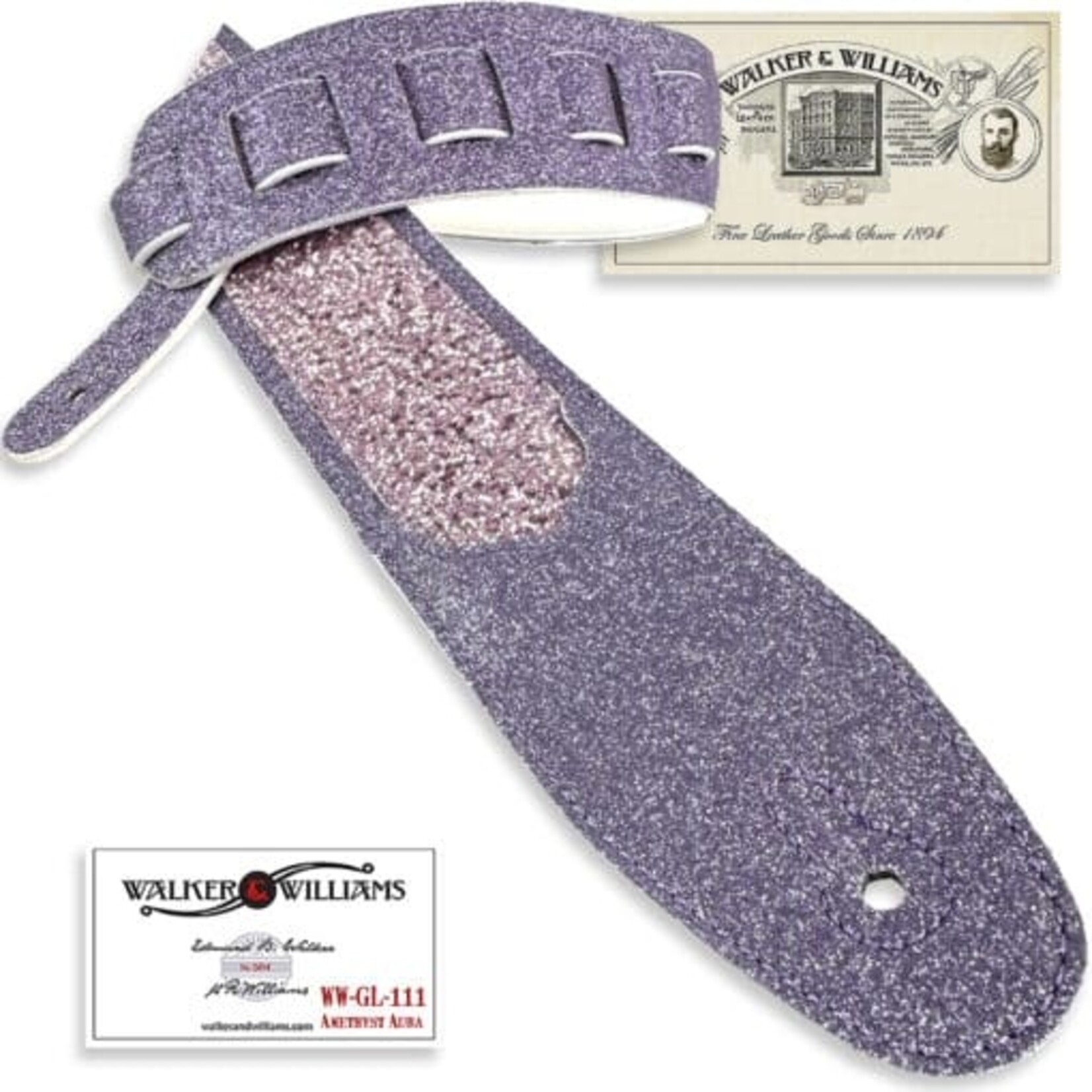 Walker & Williams WW-GL-111 Amethyst Purple Sparkle Glitter Bomb Padded Guitar Strap White Glove Leather Back