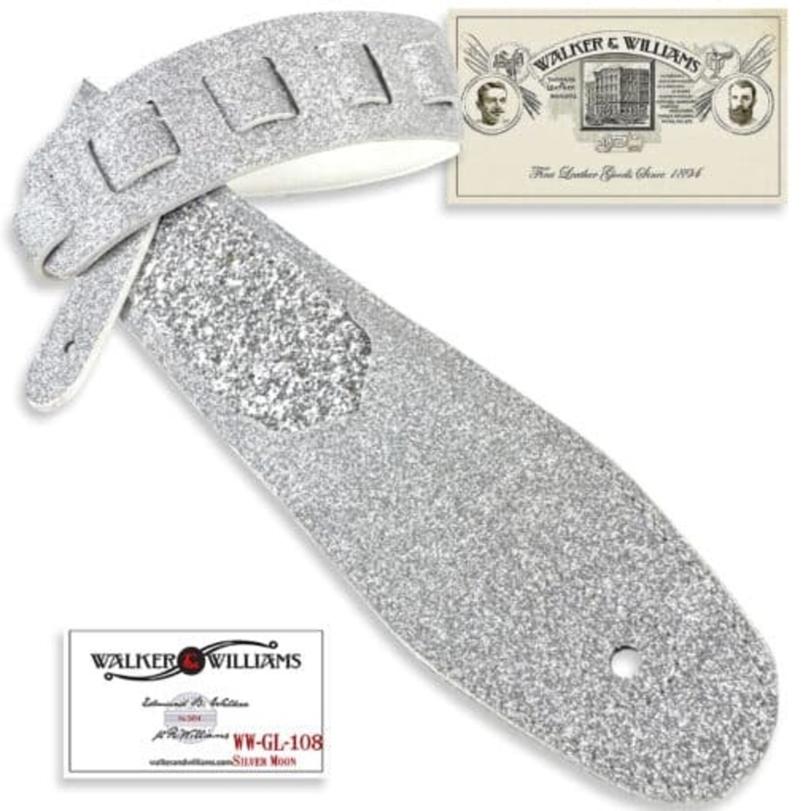 Walker & Williams WW-GL-108 Aria Glow Silver Glitter Bomb Padded Guitar Strap White Glove Leather Back