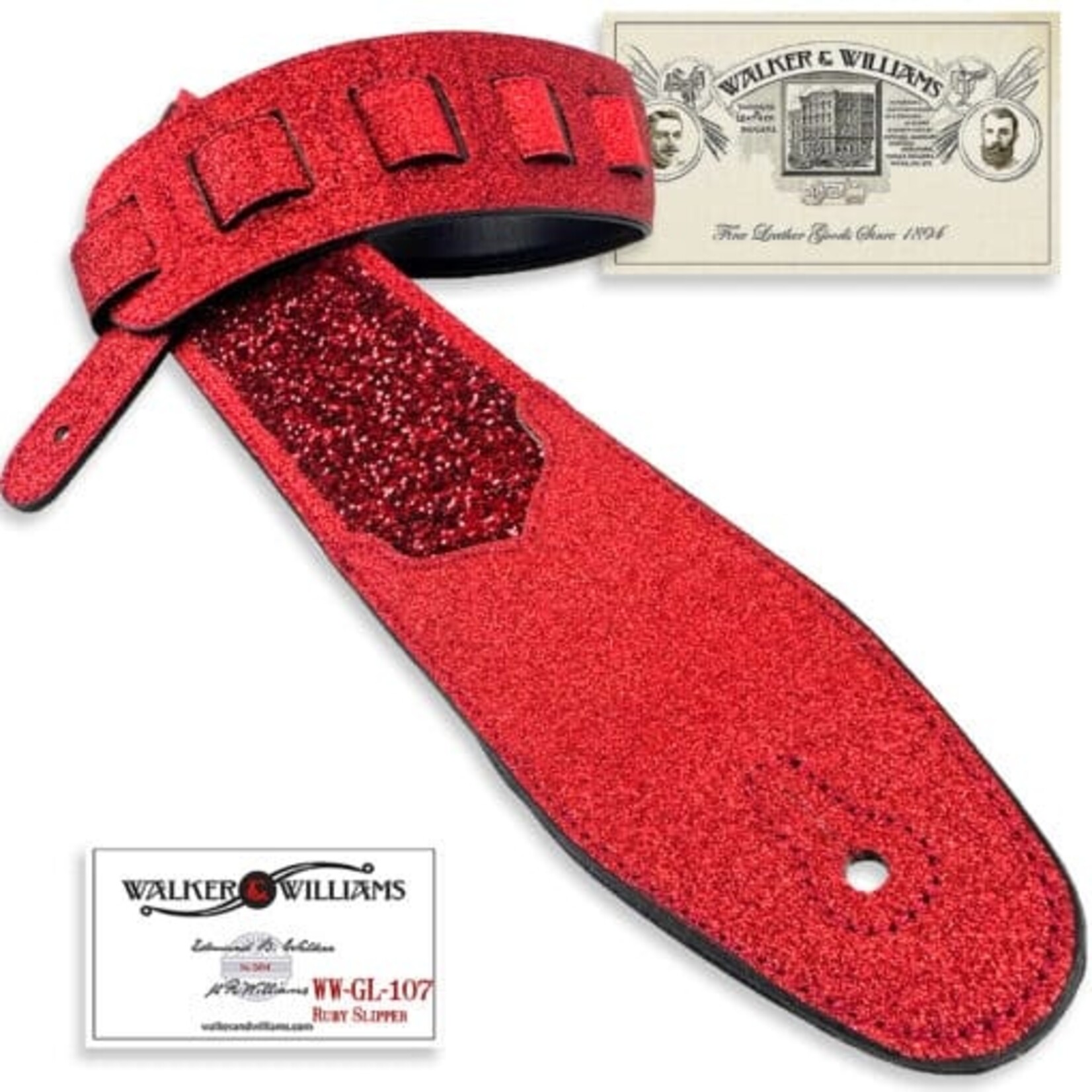 Walker & Williams WW-GL-107 Red Ruby Slipper Glitter Bomb Padded Guitar Strap Glove Leather Back