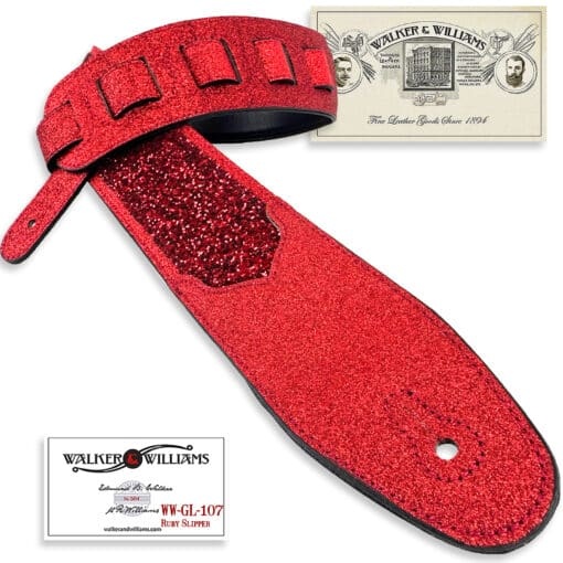 Walker & Williams WW-GL-107 Red Ruby Slipper Glitter Bomb Padded Guitar Strap Glove Leather Back