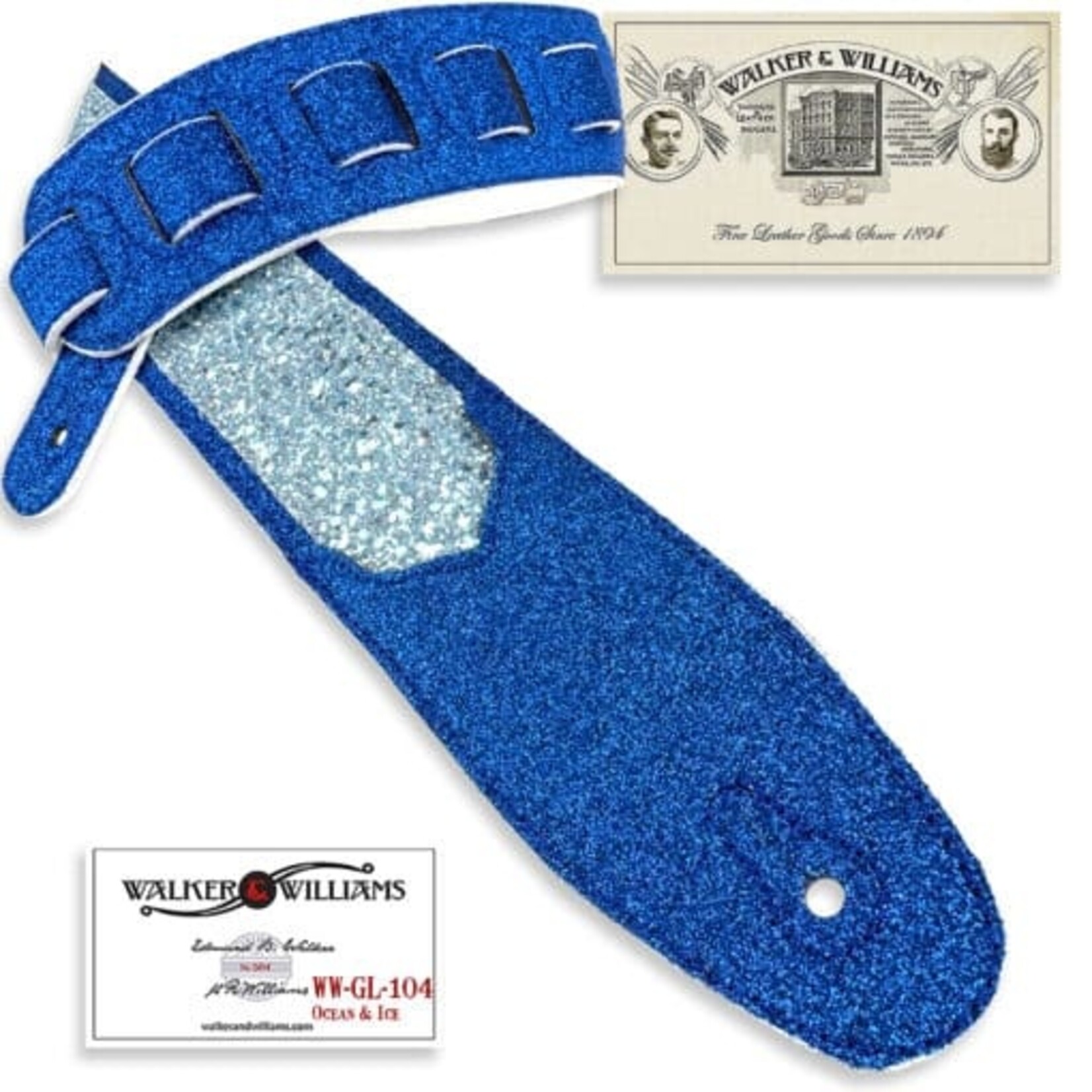 Walker & Williams WW-GL-104 Blue Ocean & Ice Glitter Bomb Padded Guitar Strap With Glove Leather Back