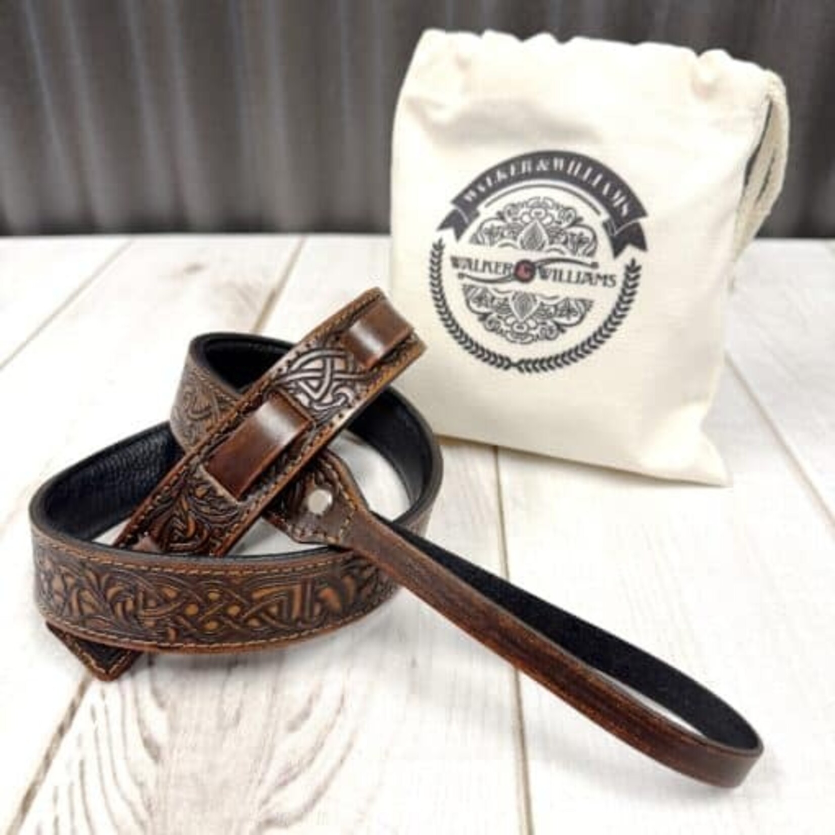 Walker & Williams M-20-BRN Bourbon Brown Premium Padded Leather Mandolin Strap With Celtic Chain Design