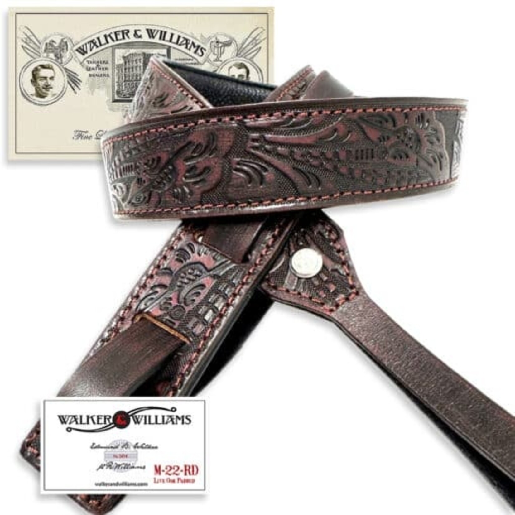 Walker & Williams M-22-RD Mahogany Brown Leather Premium Padded Mandolin Strap With Live Oak Design